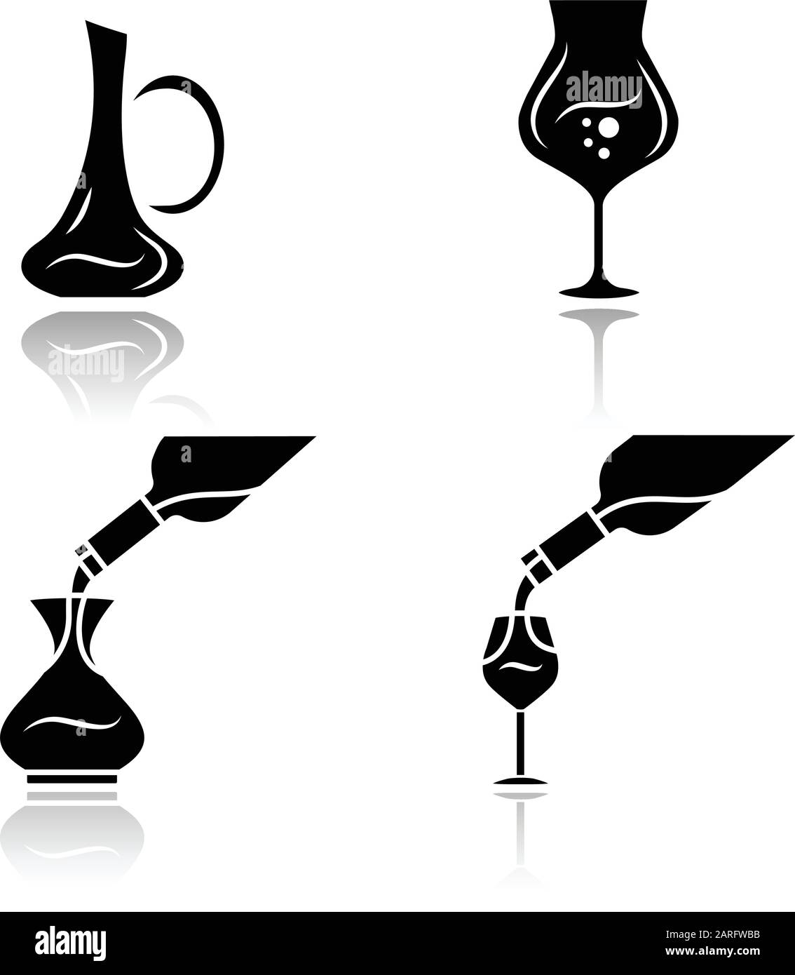 Wine service drop shadow black glyph icons set. Alcohol beverage pouring in glass. Wineglasses, decanters. Different types of bar, restaurant aperitif Stock Vector