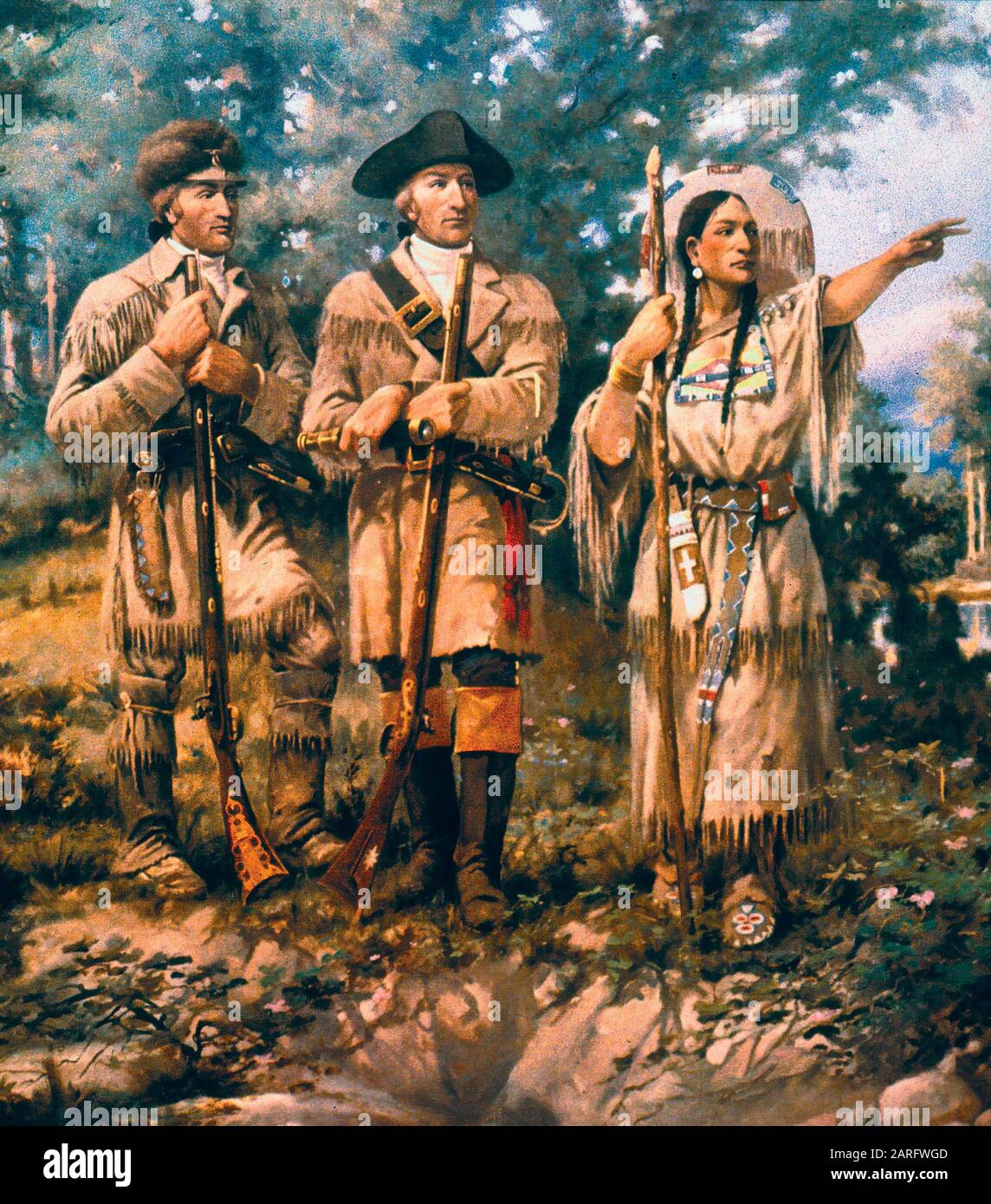 Sacagawea (right) with Lewis and Clark at the Three Forks Stock Photo
