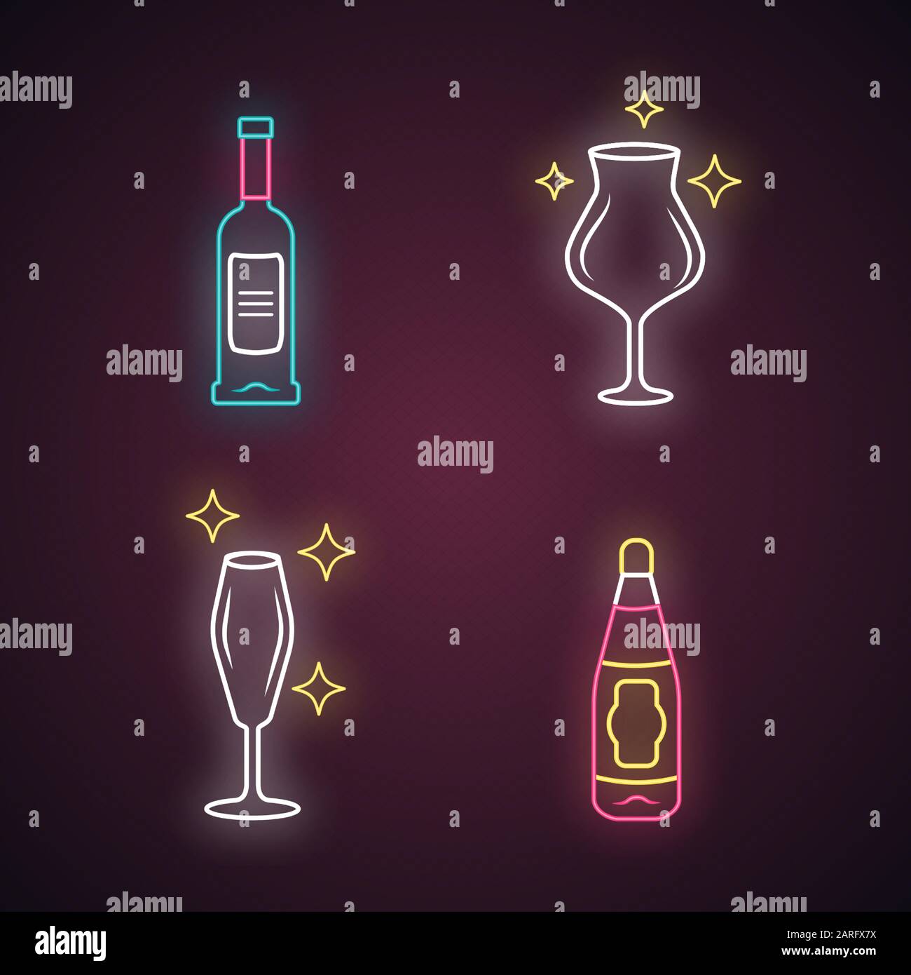 Alcohol drink glassware neon light icons set. Glowing signs. Wine service. Empty crystal glasses