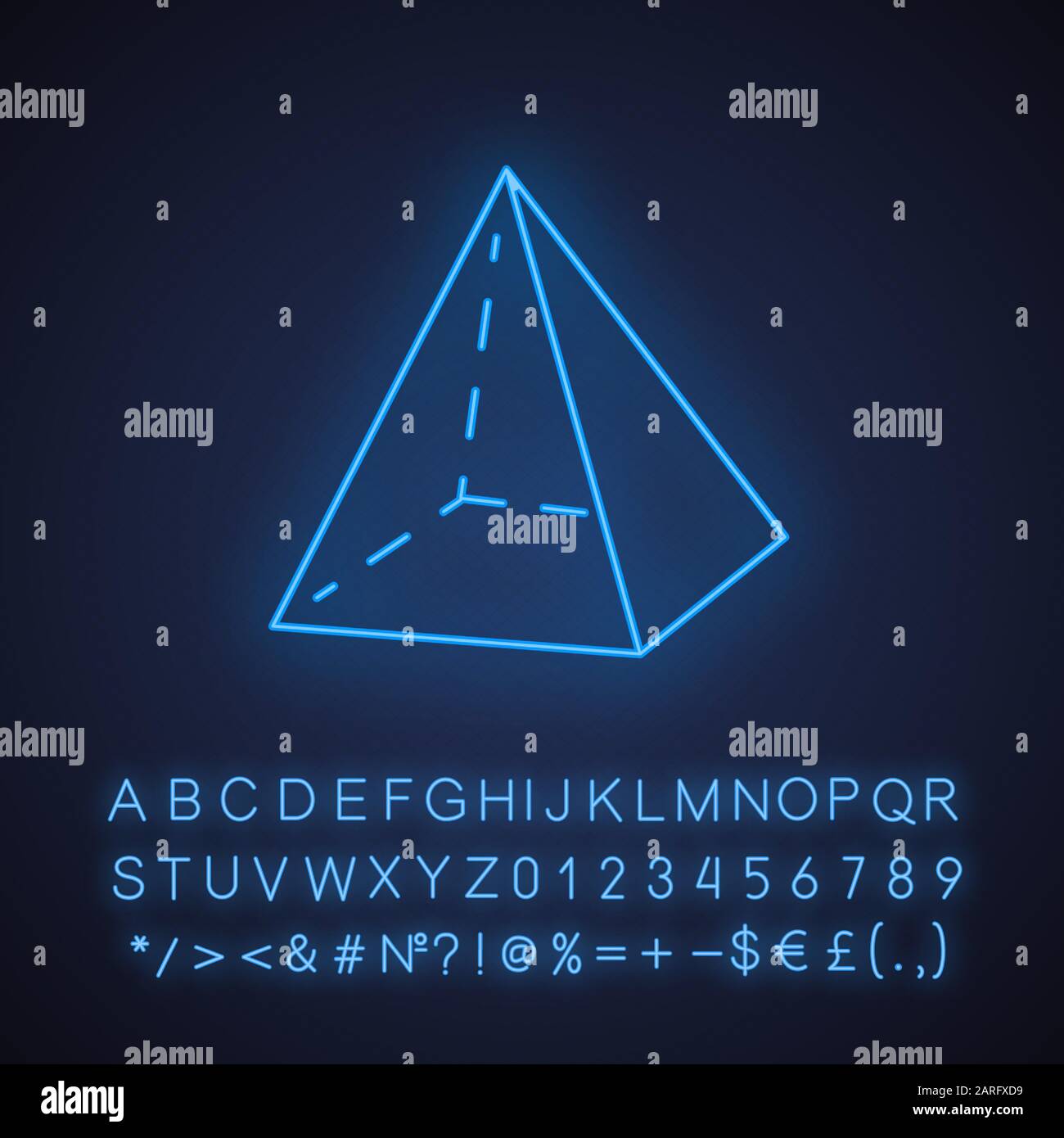 Pyramid neon light icon. Transparent geometric figure. Abstract shape. Isometric form with triangular sides. Glowing sign with alphabet, numbers and s Stock Vector