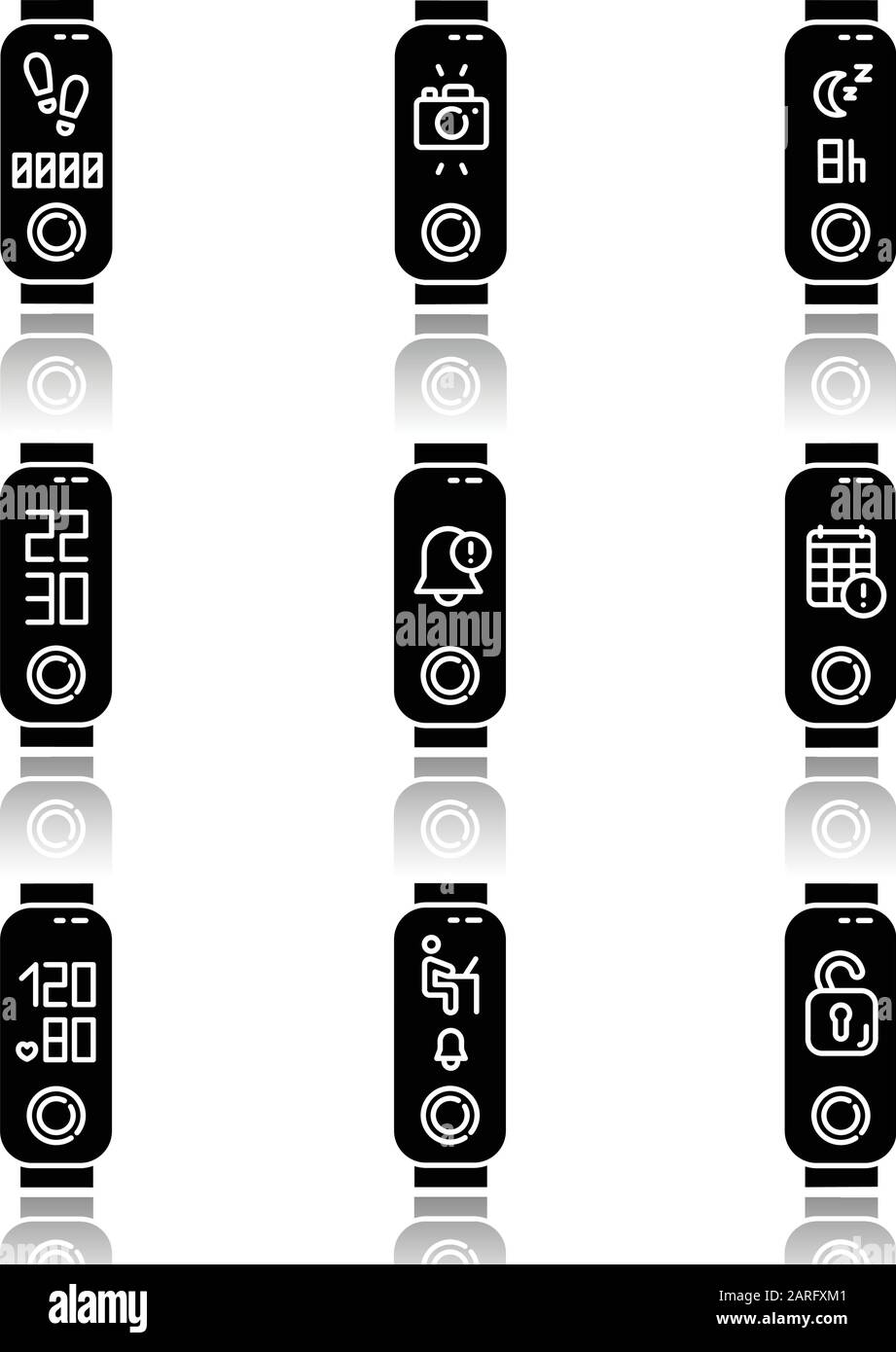 Fitness tracker functions drop shadow black glyph icons set. Active