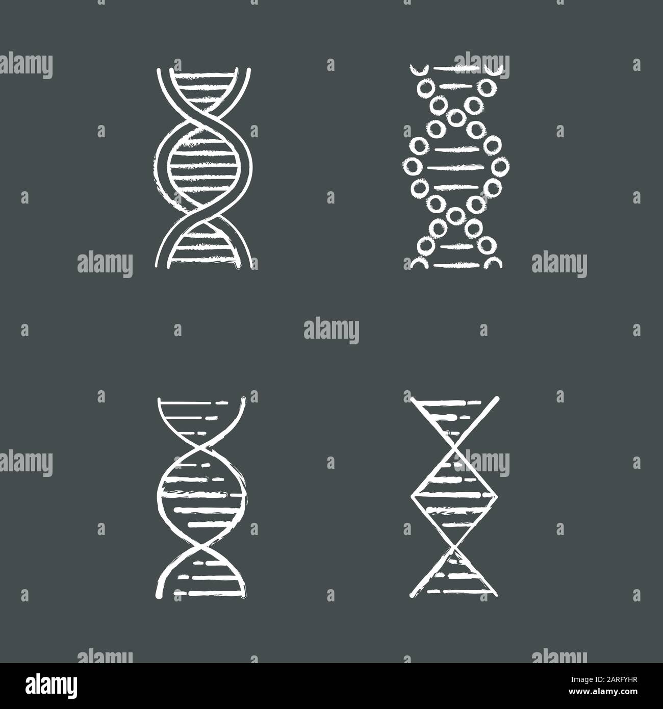 DNA spiral strands chalk icons set. Deoxyribonucleic, nucleic acid helix. Spiraling strands. Chromosome. Molecular biology. Genetic code. Genome. Gene Stock Vector