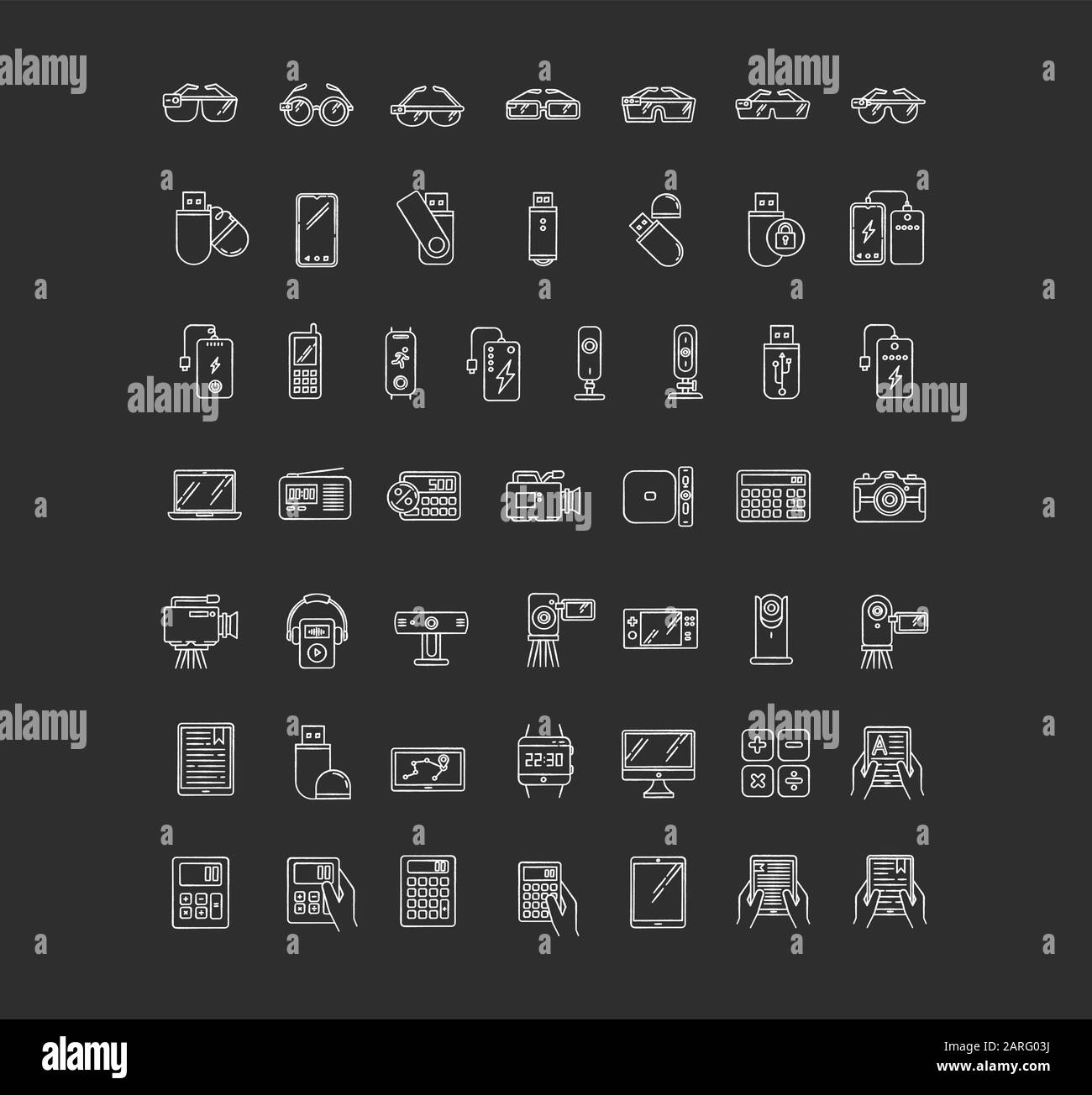 Mobile devices chalk white icons set on black background. Electronic gadgets. Smart technology. Smartphone, computer. E-reader, camera. Compact digita Stock Vector