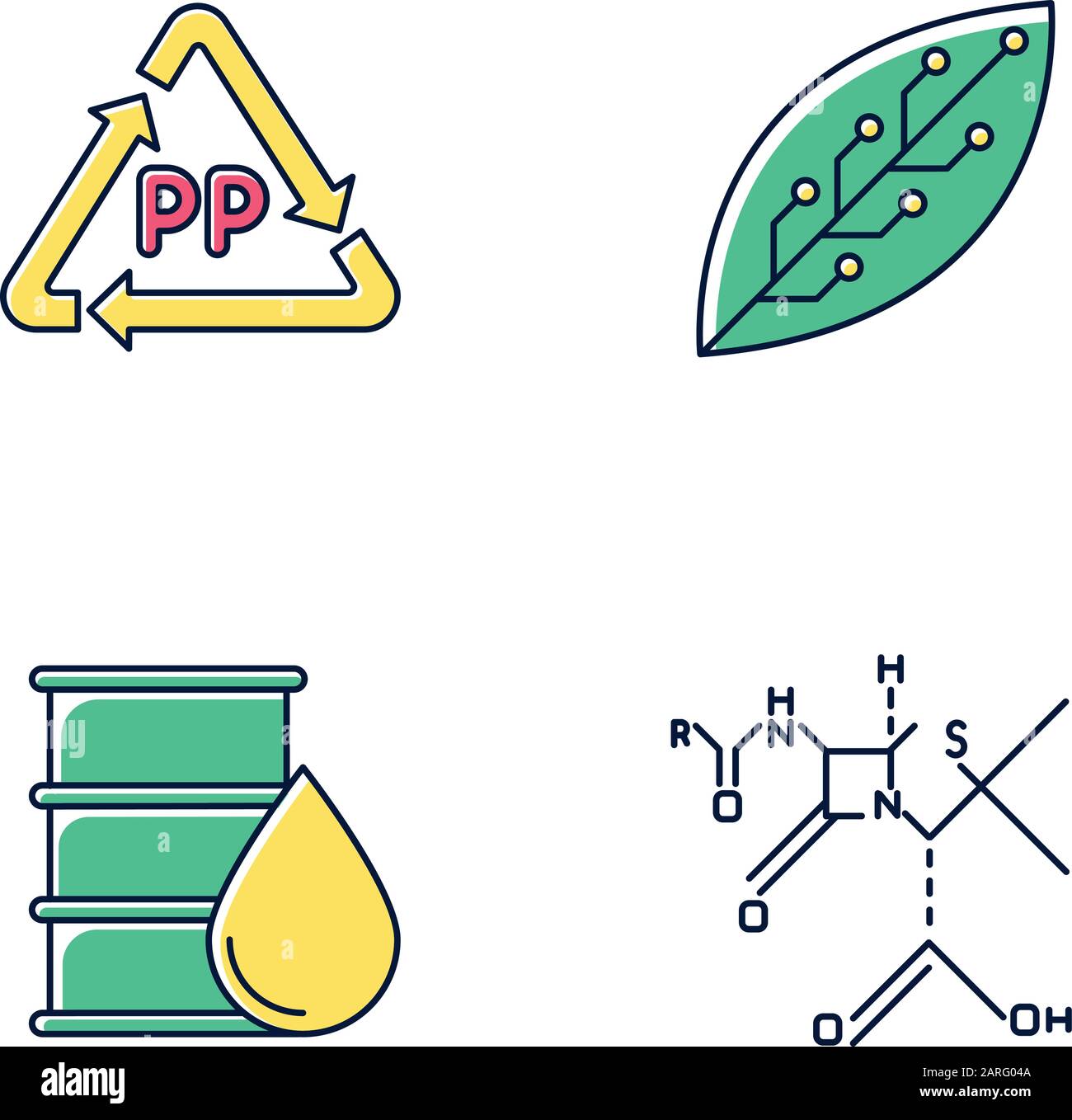 Science and nature color icons set. Biotechnologies products. Recycling