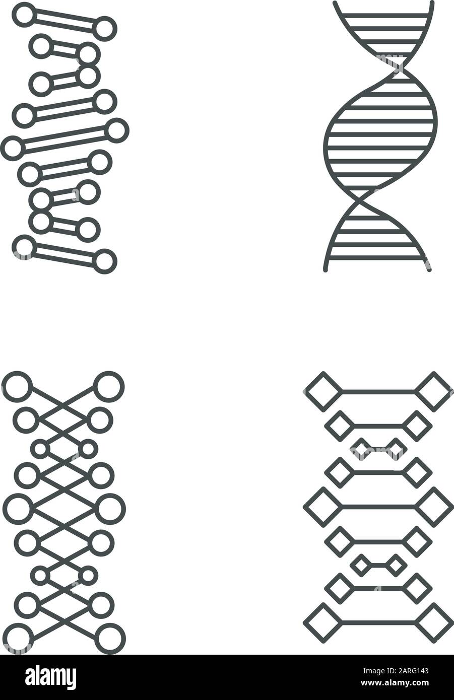 DNA chains linear icons set. Deoxyribonucleic, nucleic acid helix. Molecular biology. Genetic code. Genetics. Thin line contour symbols. Isolated vect Stock Vector
