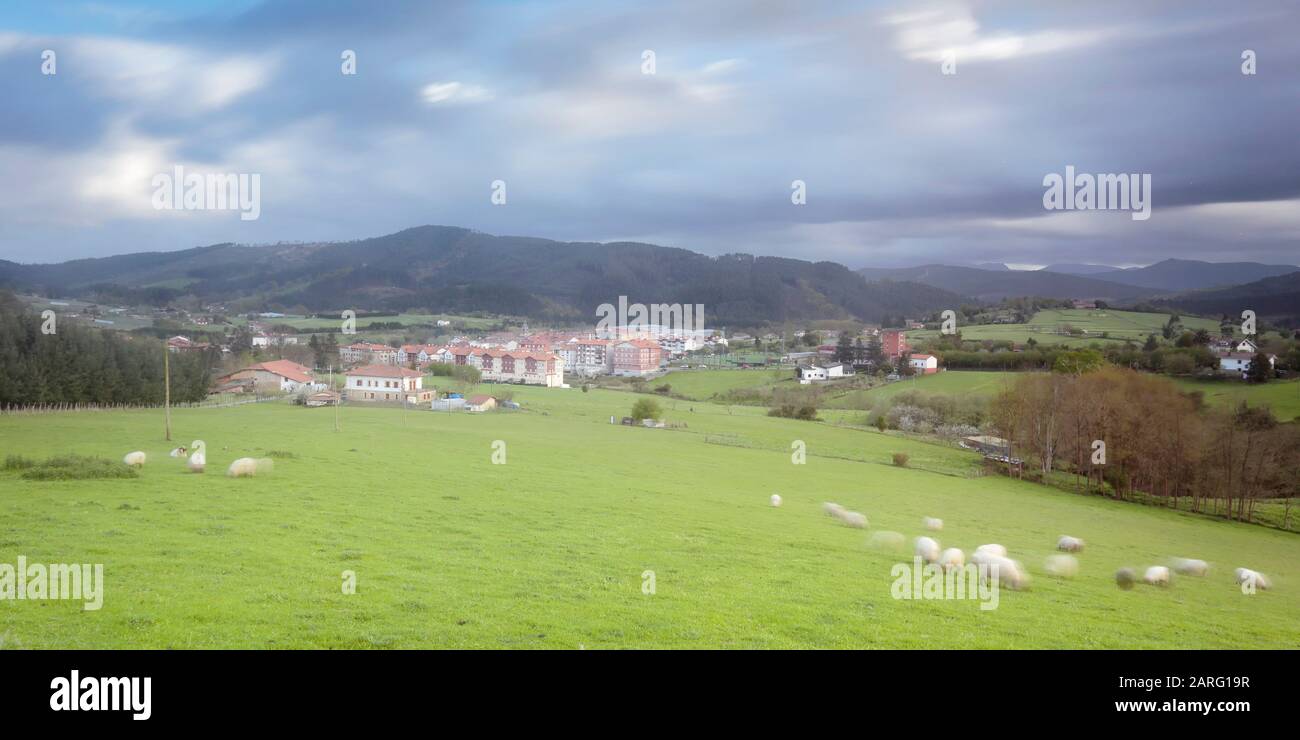 Apr. 01, 2017. Larrabetzu is a beautiful village located in the Txorierri valley, in the heart of Bizkaia (Basque Country). Stock Photo
