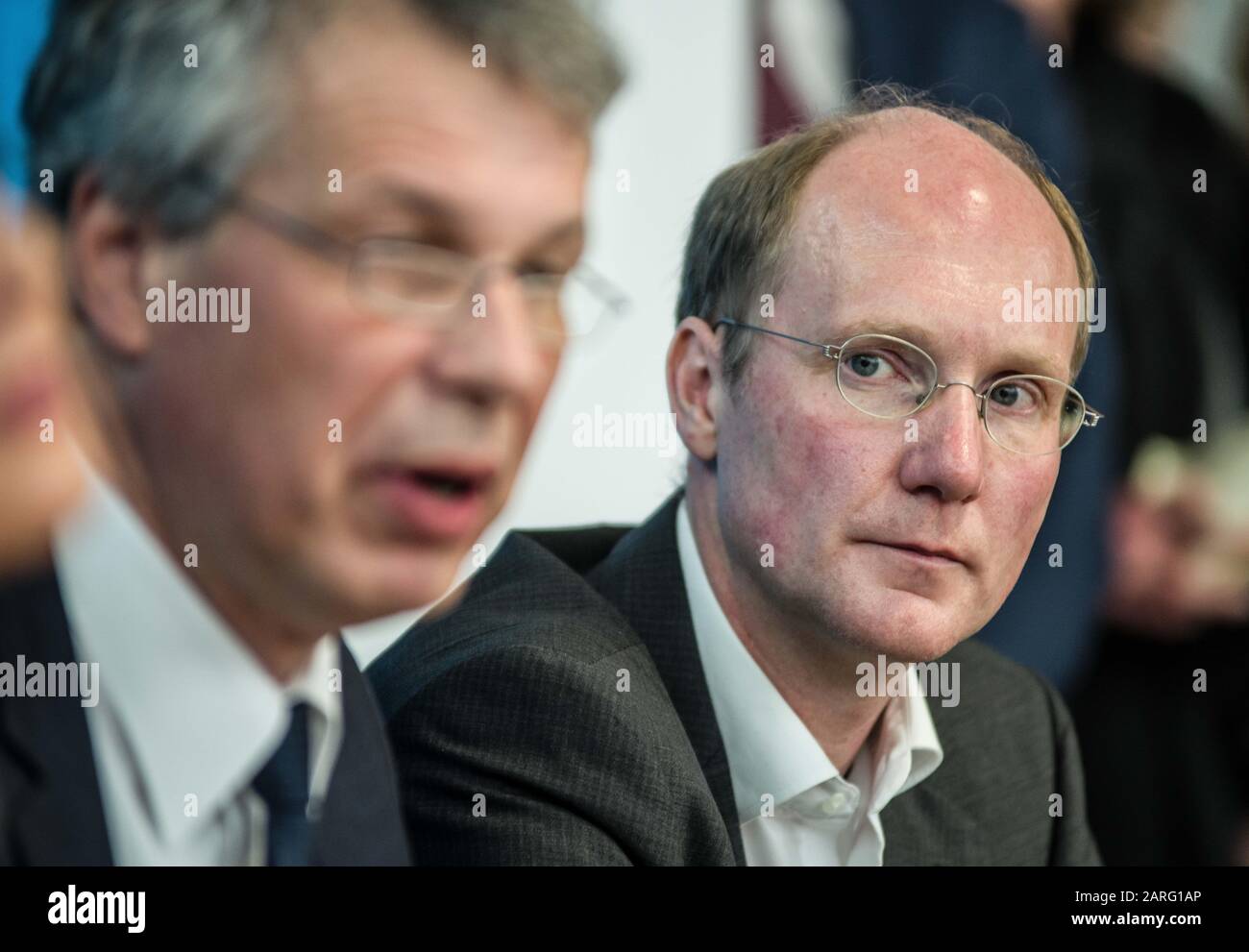 Munich, Bavaria, Germany. 28th Jan, 2020. DR. MARTIN HOCH, head of the Task Force Infektologie (Infection Task Force) of the LGL. In connection with the first confirmed case of Corona Virus in Germany, the Bavarian Health Ministry (Bayerisches Staatsministerium fuer Gesundheit und Pflege) held a press conference to discuss the findings. The virus was found in the wealthy Lake Starnberg area, just outside of western Munich, which is also connected to the citiy via its S-Bahn network. The affected is a 33 year old from Landsberg, who works at a firm in Starnberg recently had contact with a Ch Stock Photo