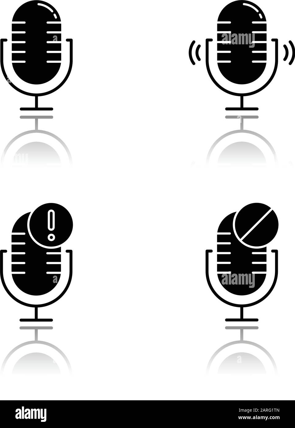 Microphone connection problems drop shadow black glyph icons set. Sound recording mistake idea. Voice record equipments. Podcast technology. Portable Stock Vector