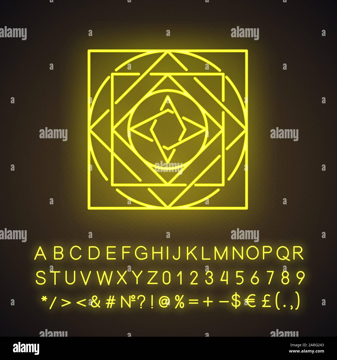 Ornate square neon light icon. Decorative geometric figure. Abstract ...