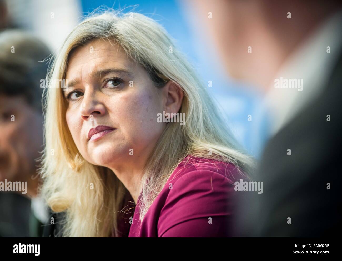 Munich, Bavaria, Germany. 28th Jan, 2020. MELANIE HUML, physician and Minister of the Bavarian Landtag. In connection with the first confirmed case of Corona Virus in Germany, the Bavarian Health Ministry (Bayerisches Staatsministerium fuer Gesundheit und Pflege) held a press conference to discuss the findings. The virus was found in the wealthy Lake Starnberg area, just outside of western Munich, which is also connected to the citiy via its S-Bahn network. The affected is a 33 year old from Landsberg, who works at a firm in Starnberg recently had contact with a Chinese employee in Germany Stock Photo