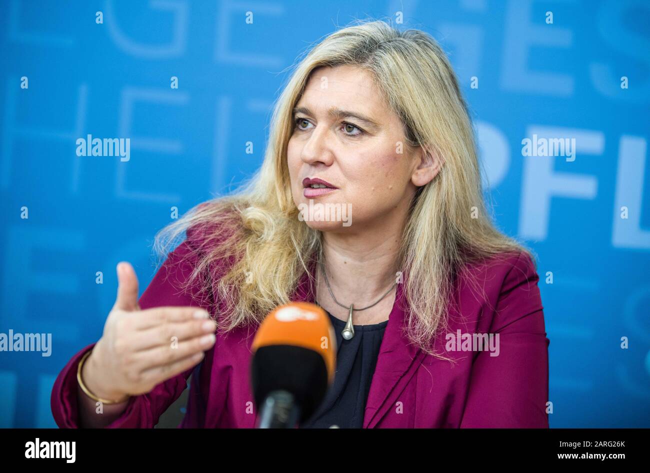 Munich, Bavaria, Germany. 28th Jan, 2020. MELANIE HUML, physician and Minister of the Bavarian Landtag. In connection with the first confirmed case of Corona Virus in Germany, the Bavarian Health Ministry (Bayerisches Staatsministerium fuer Gesundheit und Pflege) held a press conference to discuss the findings. The virus was found in the wealthy Lake Starnberg area, just outside of western Munich, which is also connected to the citiy via its S-Bahn network. The affected is a 33 year old from Landsberg, who works at a firm in Starnberg recently had contact with a Chinese employee in Germany Stock Photo
