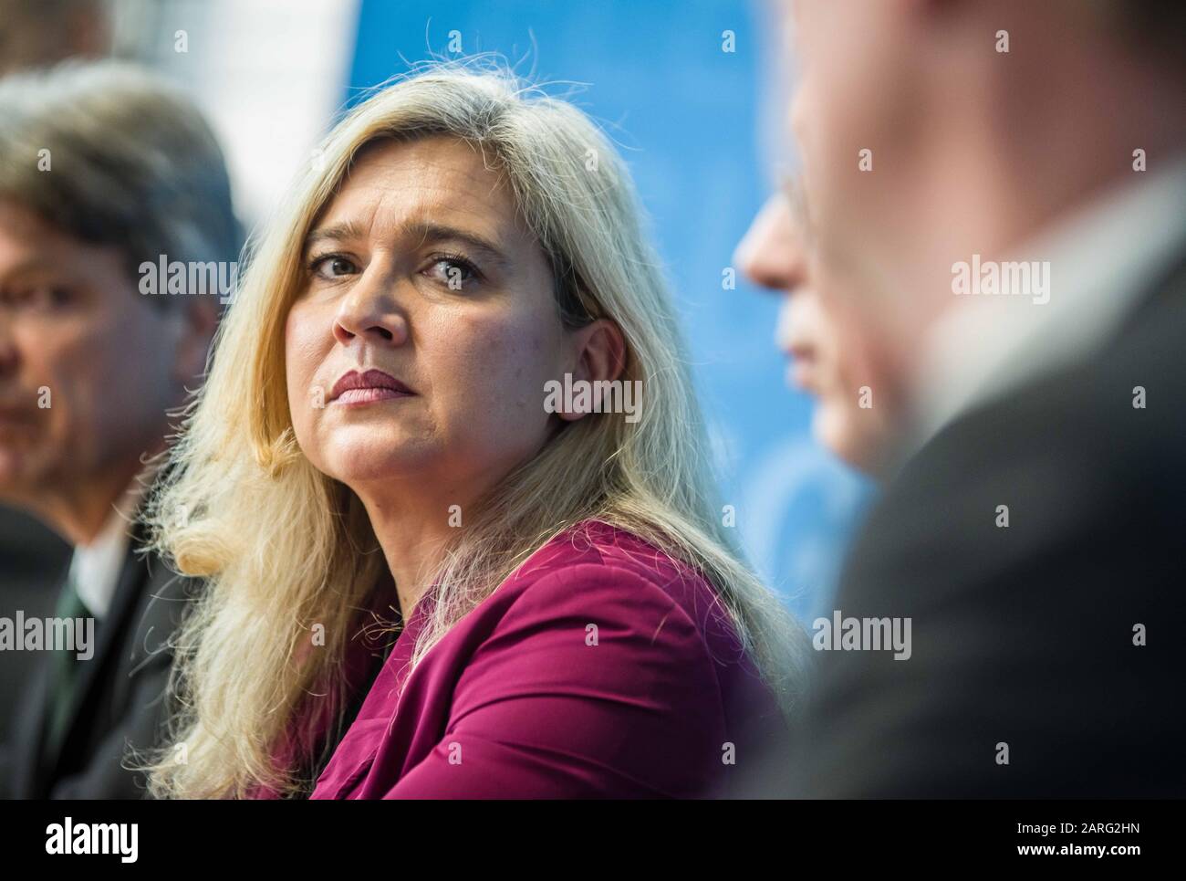 January 28, 2020, Munich, Bavaria, Germany: MELANIE HUML, physician and Minister of the Bavarian Landtag.  In connection with the first confirmed case of Corona Virus in Germany, the Bavarian Health Ministry (Bayerisches Staatsministerium fuer Gesundheit und Pflege) held a press conference to discuss the findings. The virus was found in the wealthy Lake Starnberg area, just outside of western Munich, which is also connected to the citiy via its S-Bahn network.  The affected is a 33 year old from Landsberg, who works at a firm in Starnberg recently had contact with a Chinese employee in Germany Stock Photo