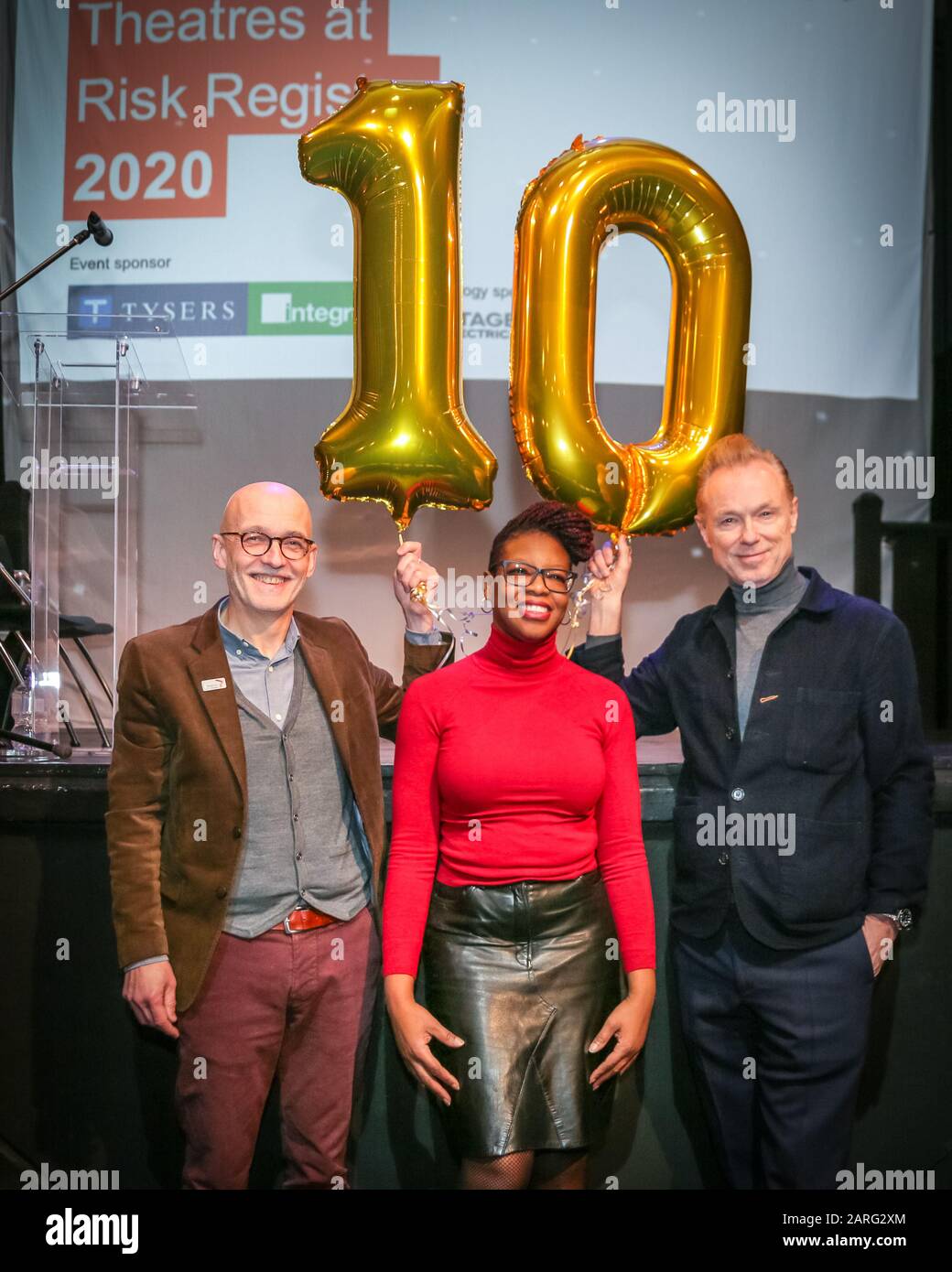 Hoxton Hall, London, 28th Jan 2020. Left to right: Jon Morgan, Director of Theatres Trust, Karena Johnson, Artistic Director and CEO of Hoxton Hall, Gary Kemp, musician, actor and Theatres Trust trustee. Gary Kemp is celebrating Hoxton Hall’s 10 year anniversary of successfully re-opening and being removed from the Theatres at Risk Register. Theatres Trust work to support UK theatres at risk of redevelopment, closure and demolition, and manage the Theatres at Risk Register to highlight those theatres. Stock Photo