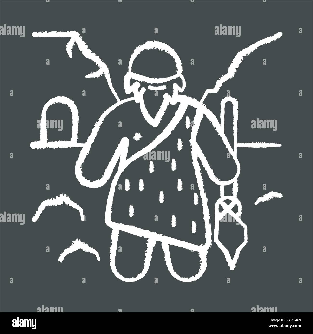 Caveman chalk icon. Prehistoric man with beard. Primeval hunter with spear. Neanderthal in old age. Ancestor with weapon. Ancient history. Man near ho Stock Vector