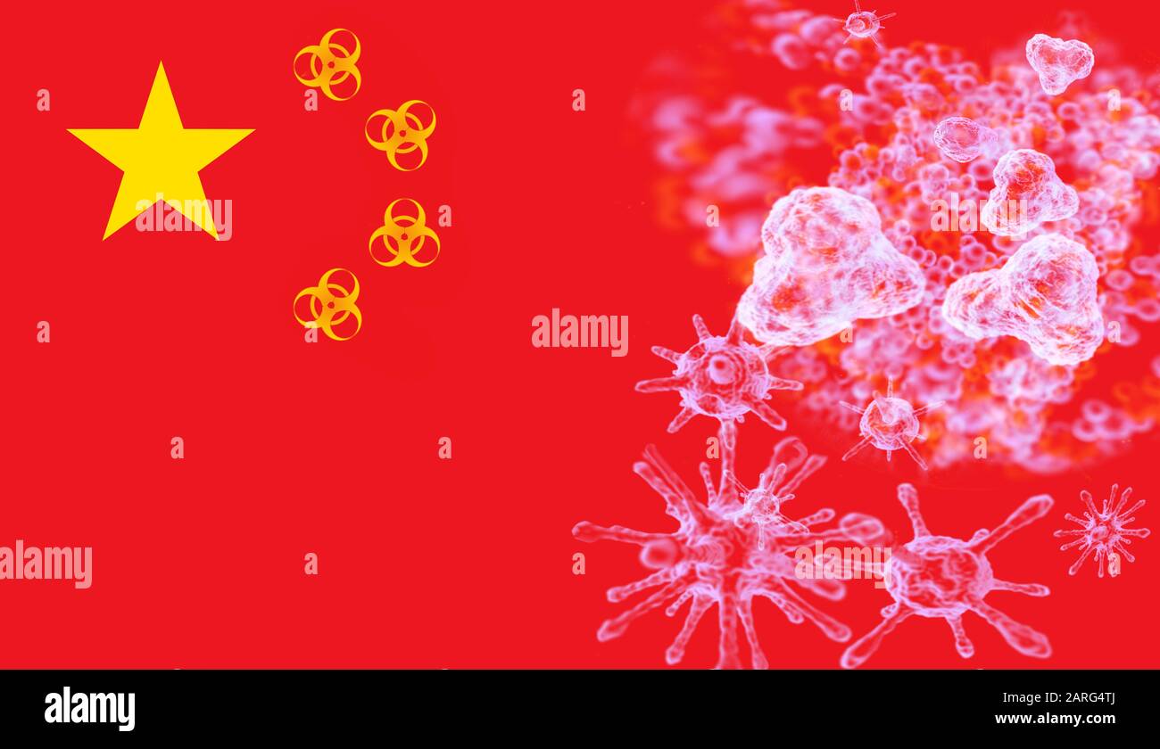 Coronaviruses on the background of the Chinese flag. Stock Photo