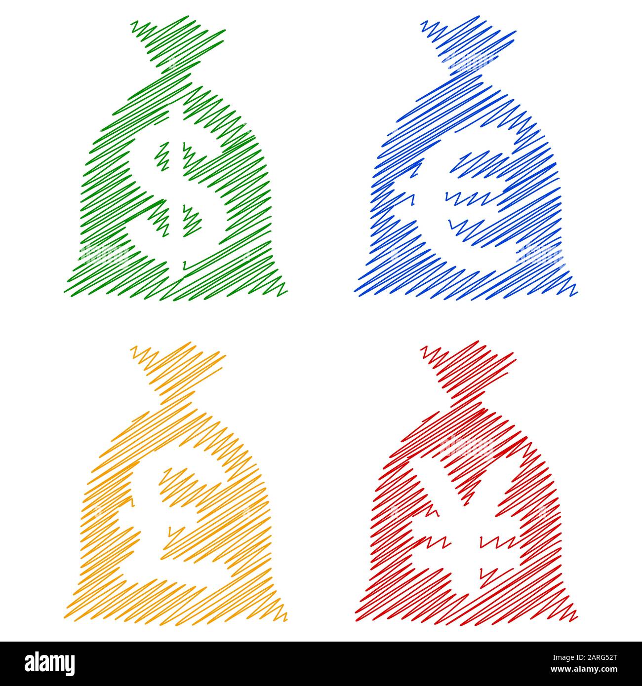 Financial currency bags USD, EUR, GBP, JPY of hatching lines; EPS8 Stock Vector