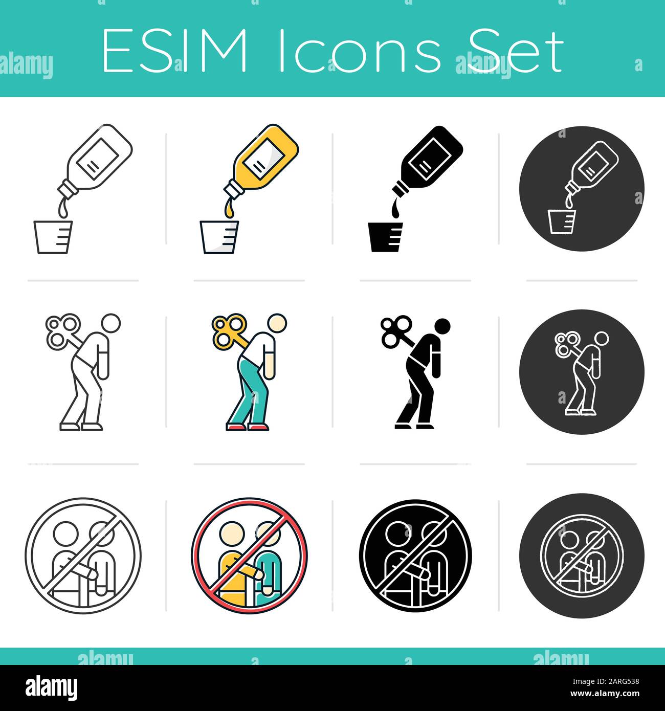 Common cold icons set. Cough syrup. Fatigue syndrom. Avoid people