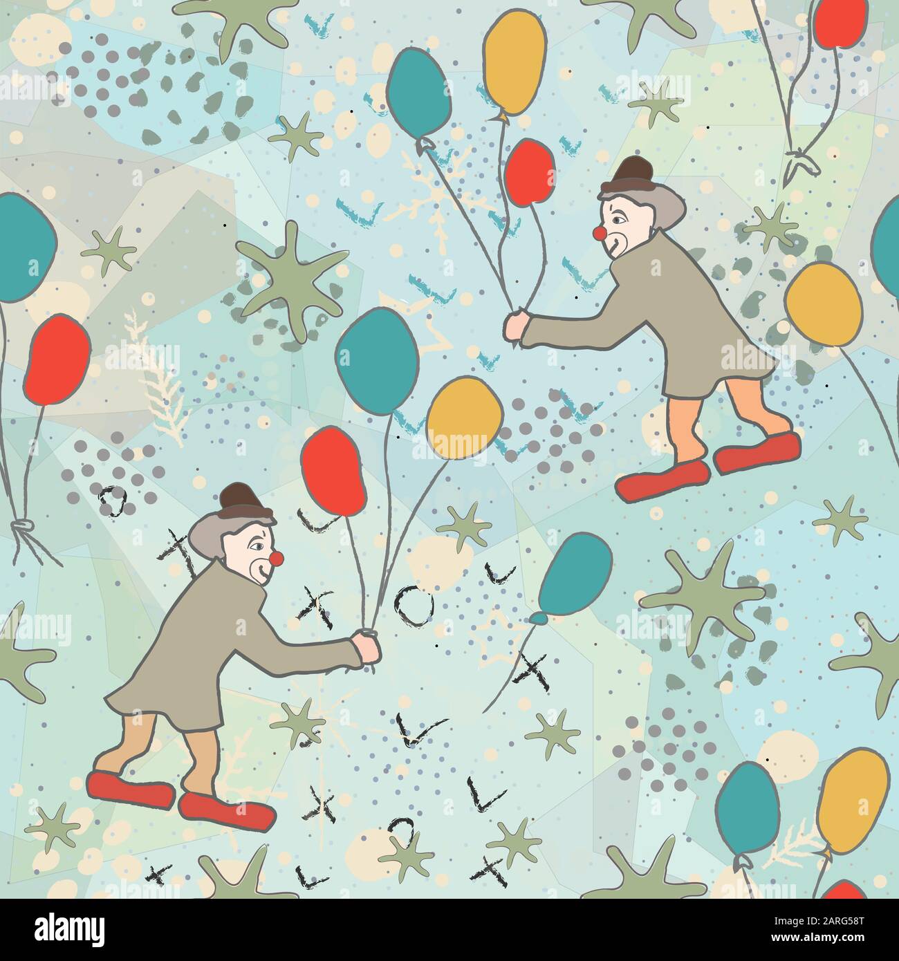 Seamless Pattern with Cute Clowns, air balloons on cute background. Scandinavian Style. Stock Vector