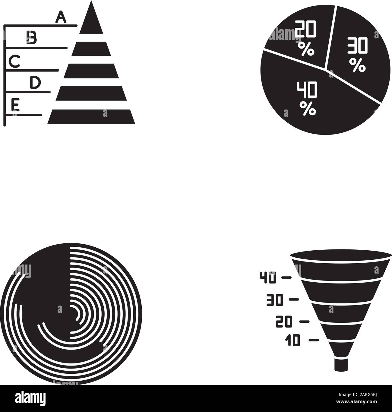 Chart and graph glyph icons set. Pie diagram. Pyramid chart. Polar