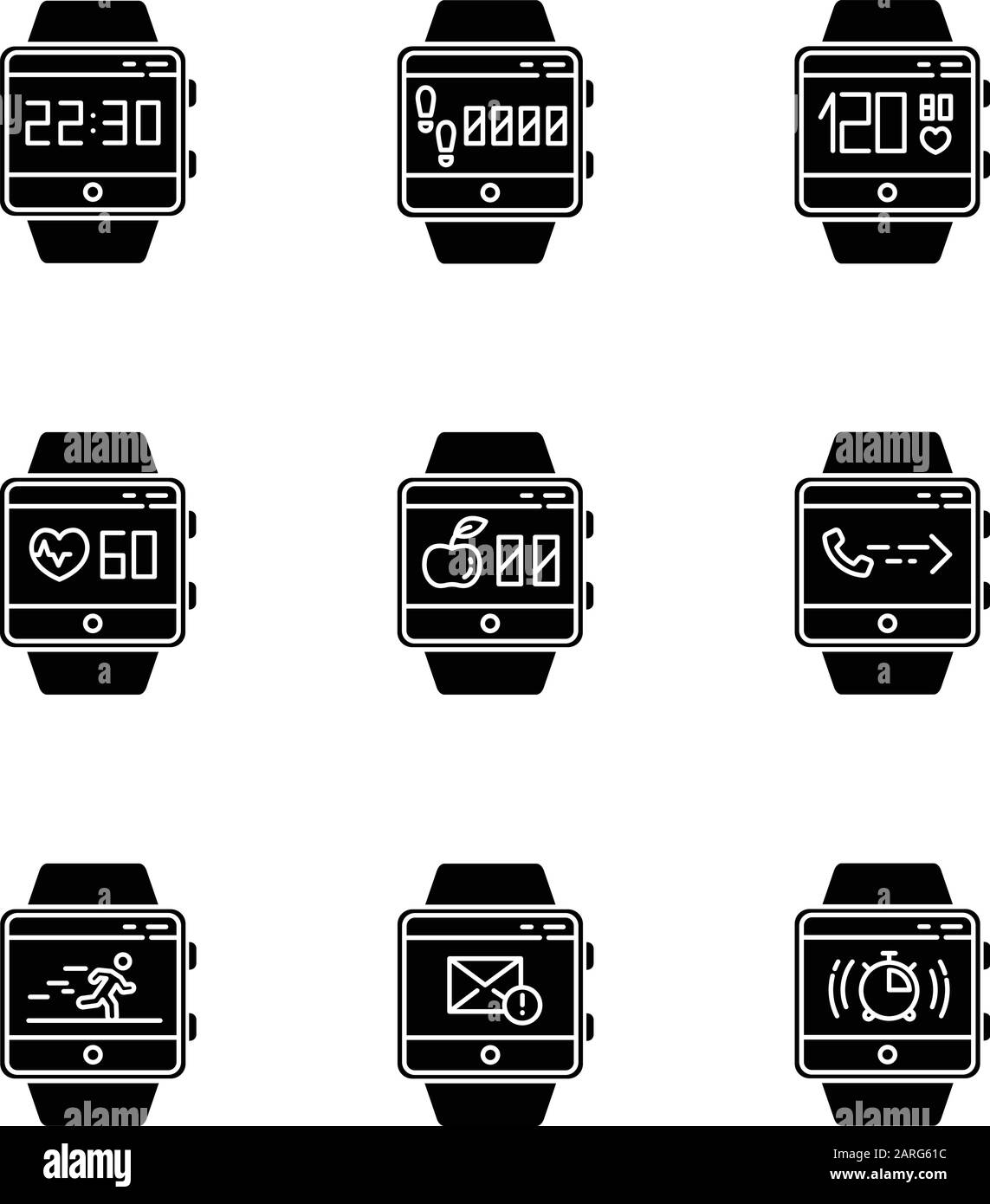 Fitness tracker functions glyph icons set. Silhouette symbols