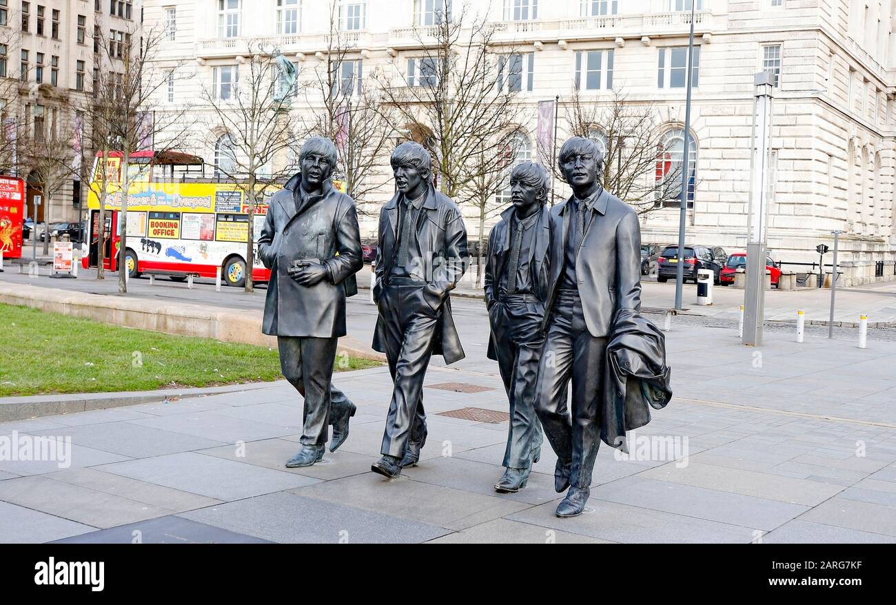 Statues of The Beatles at the Pier Head in Liverpool. Stock Photo