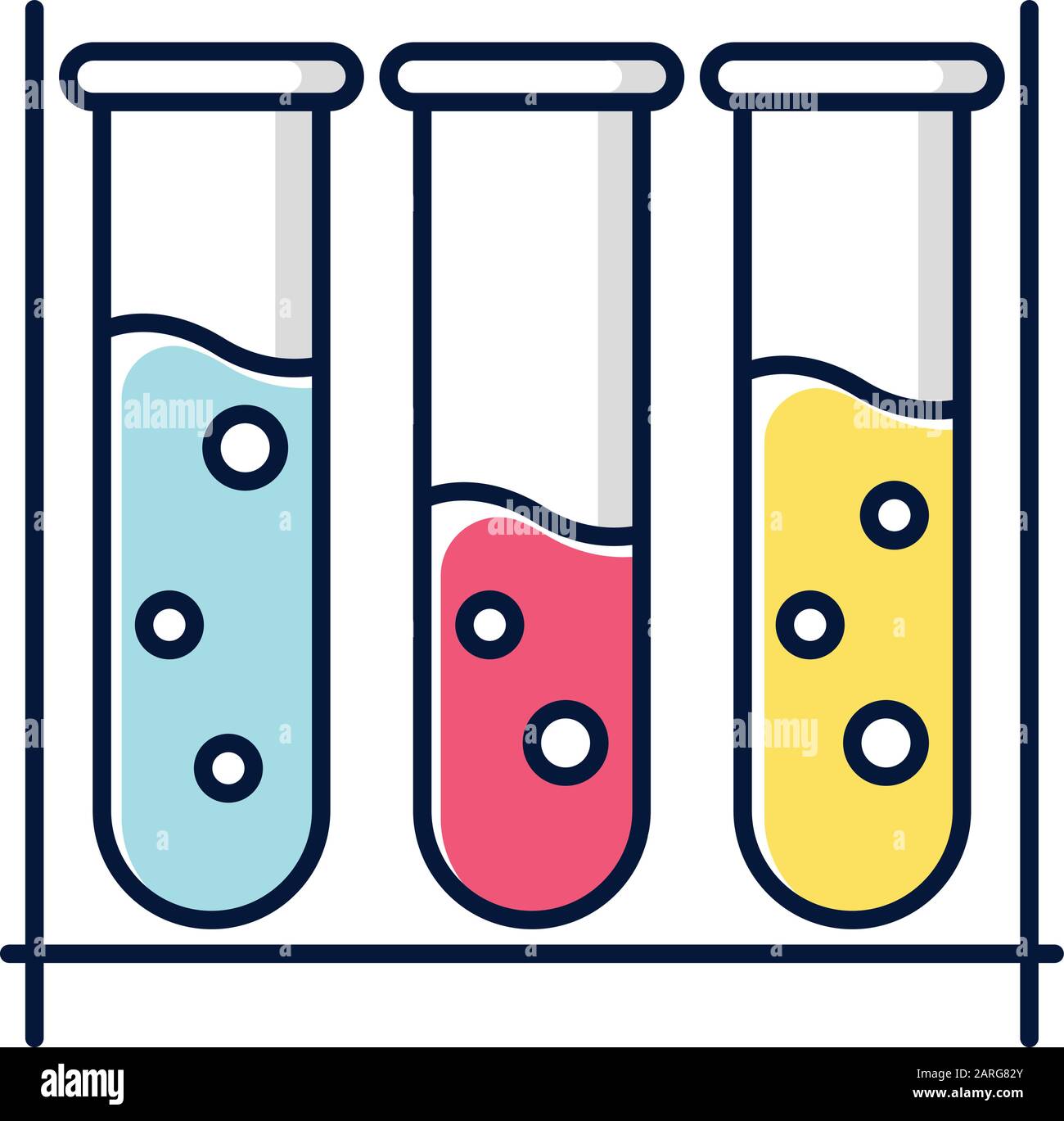 Blue, red and yellow test tubes color icon. Organic chemistry. Conducting experiment. Laboratory work. Interaction with chemicals. Scientific research Stock Vector