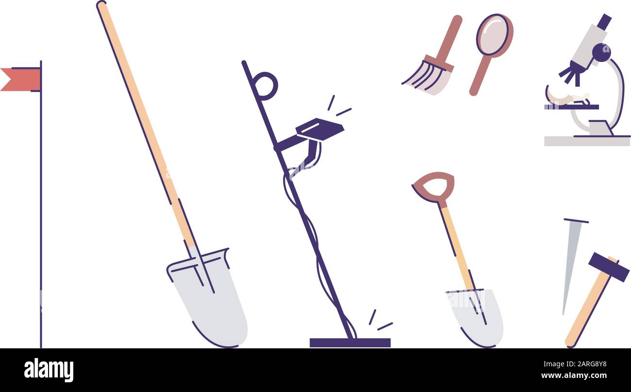Archaeologist tools flat vector illustrations set. Treasure hunter equipment. Flag, spade, metal detector, sapper shovel, brush and magnifier, microsc Stock Vector