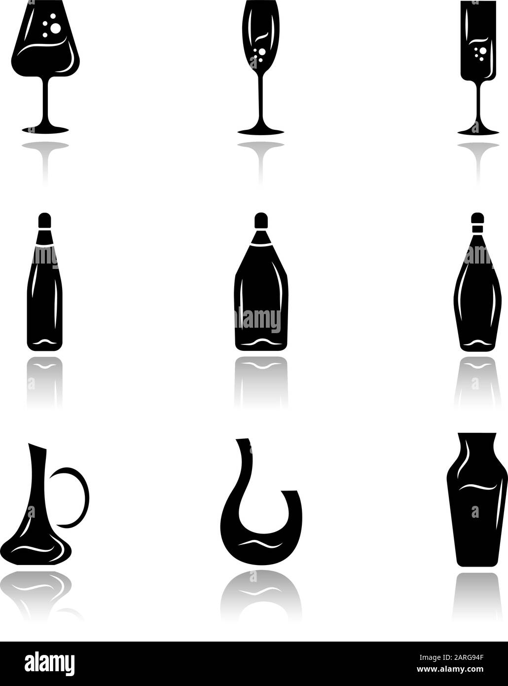 Winery glassware drop shadow black glyph icons set. Different types of wine. Decanters, bottles, glasses. Aperitif drinks, cocktails, alcohol beverage Stock Vector