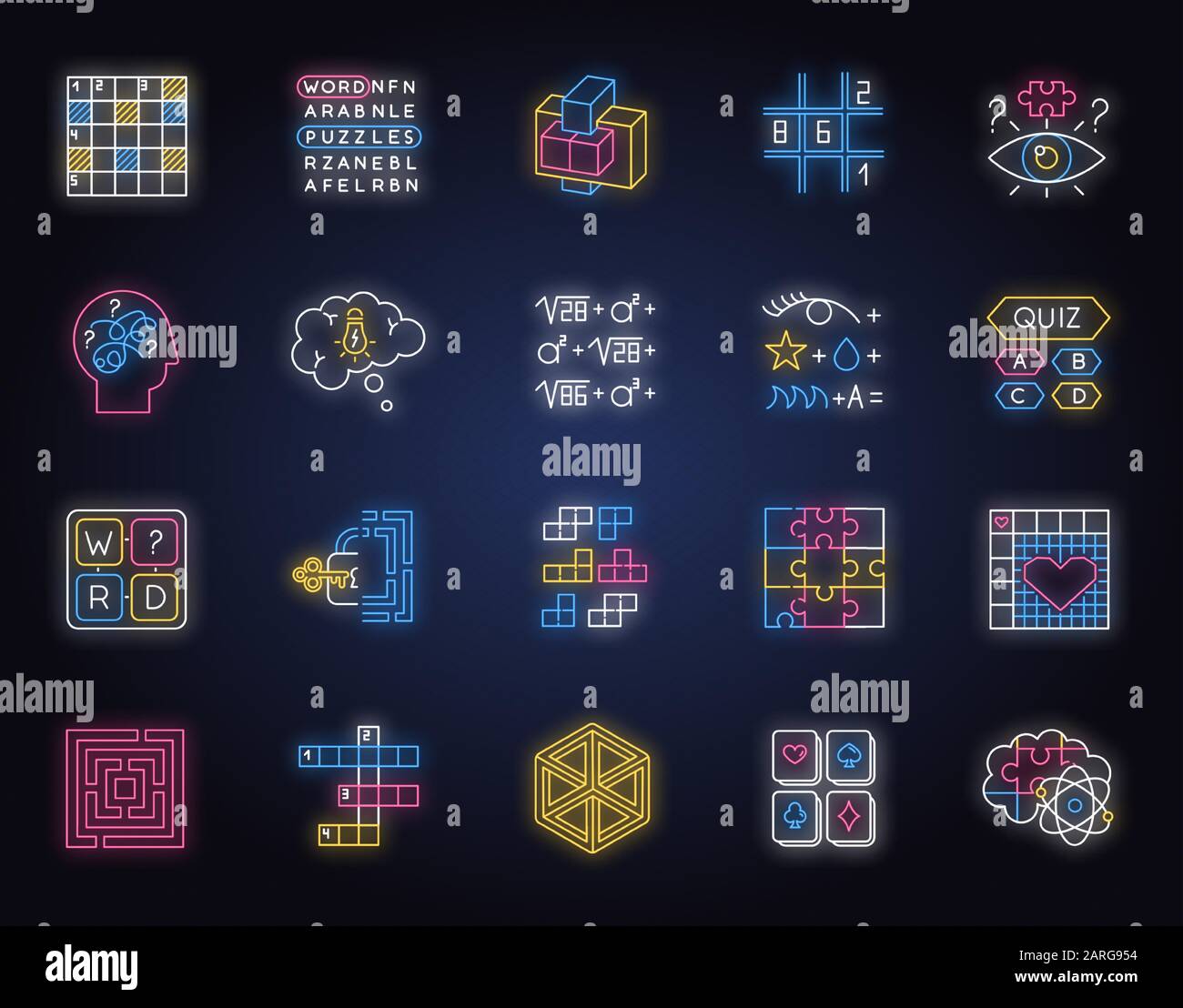 Puzzles and riddles neon light icons set. Mental exercise. Challenge