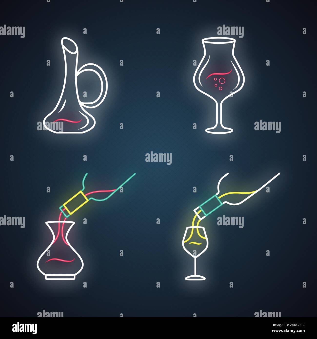 Wine service neon light icons set. Alcohol beverage pouring in glass. Wineglasses, decanters. Different types of aperitif drinks. Barman. Glowing sign Stock Vector