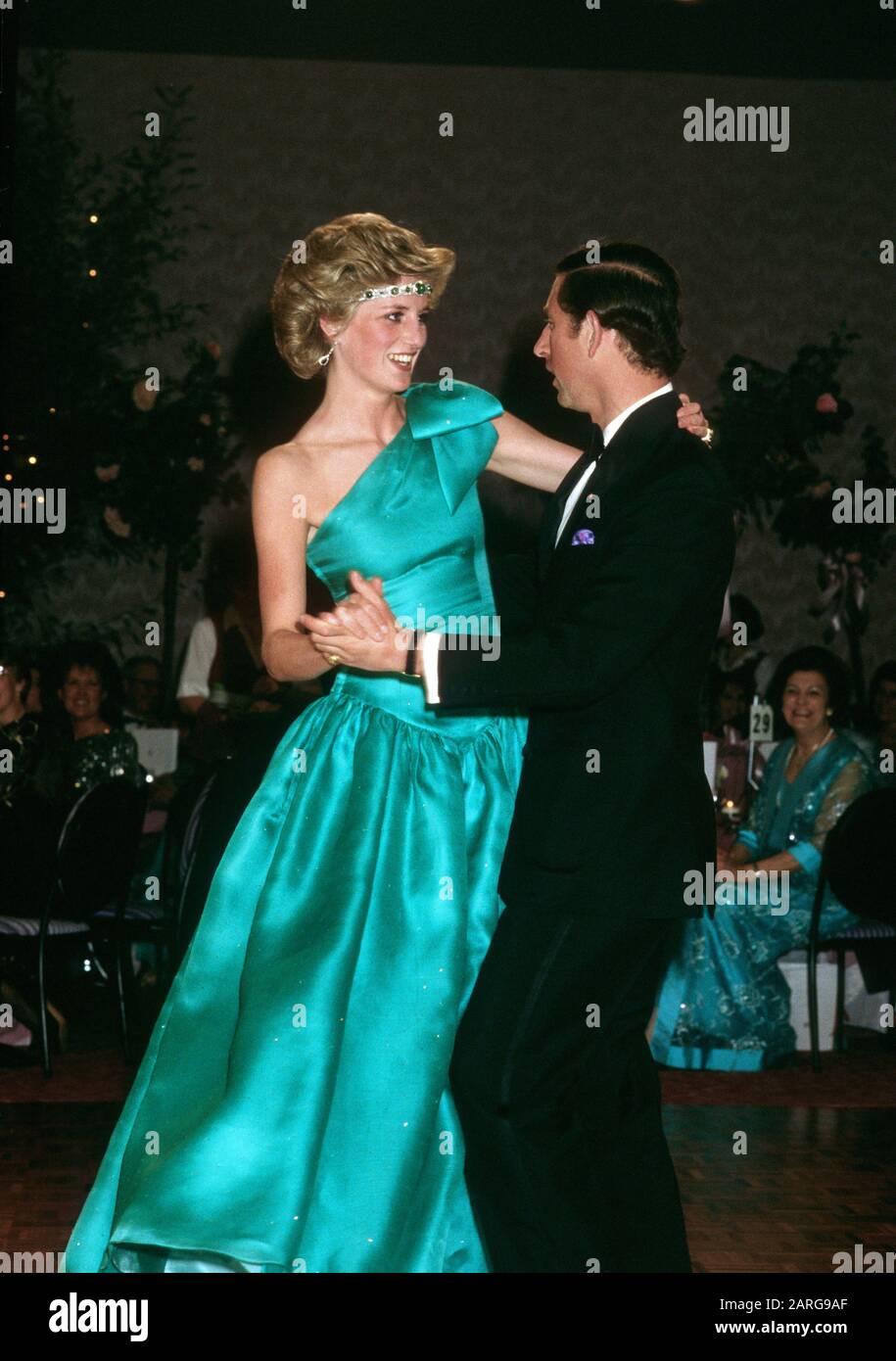 TRH Prince Charles and Princess Diana dancing at The Southern Cross Hotel, Melbourne, Australia October 1985 Stock Photo