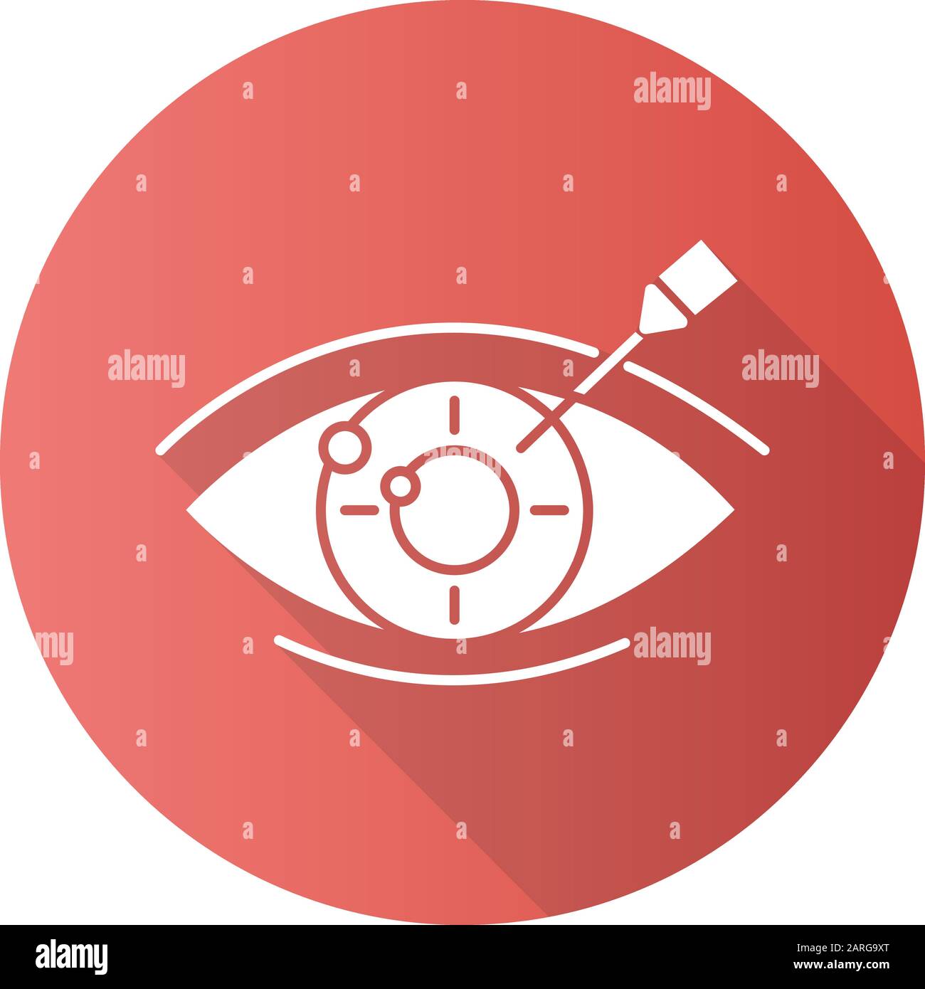 Vision correction red flat design long shadow glyph icon. Medical procedure. Health care. Astigmatism treatment. Ophthalmology. Laser operation. Eye d Stock Vector