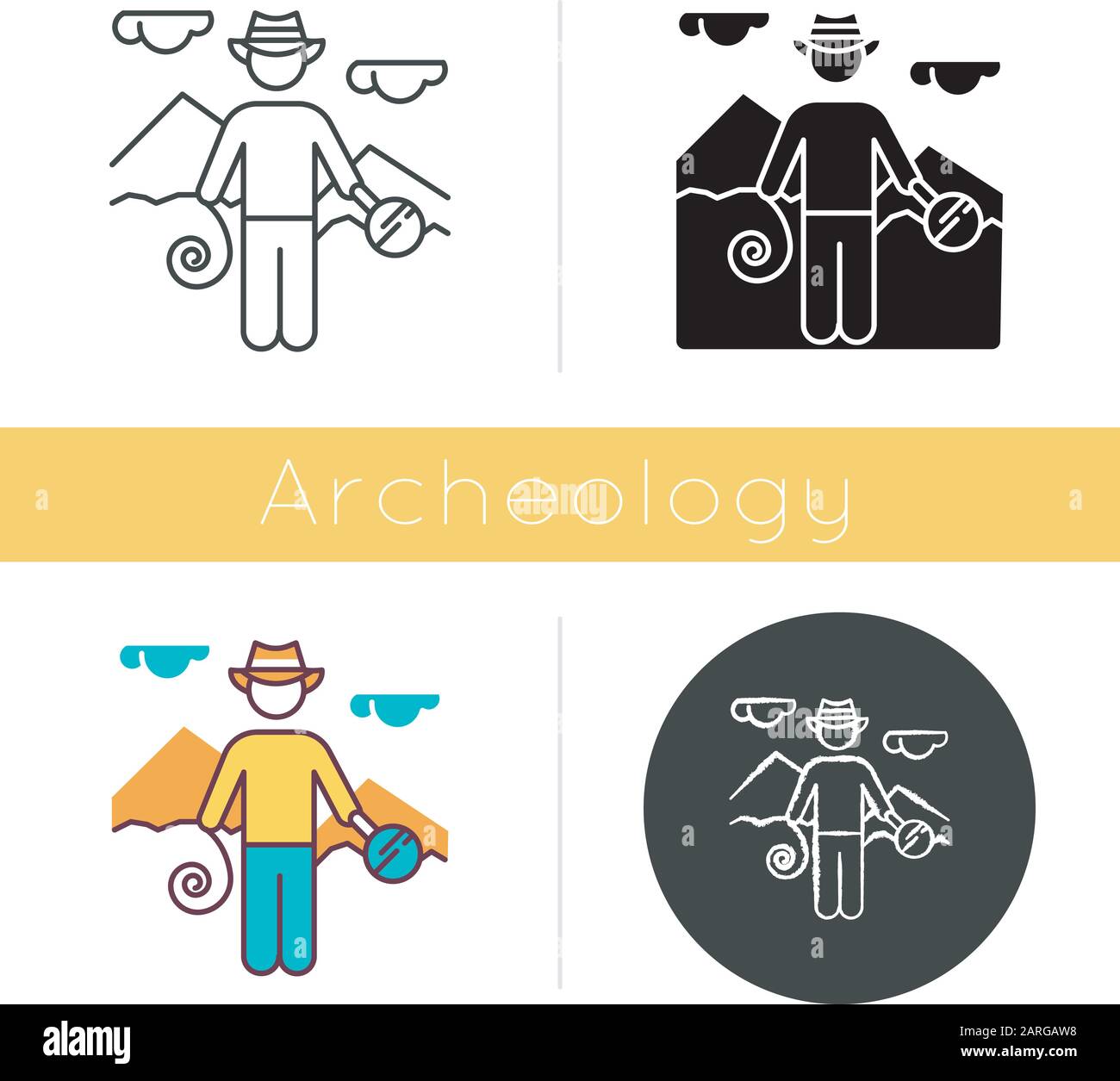 Adventurer icon. Man in hat with tools. Discovery of egyptian artifacts. Pyramid exploration. Ancient monument expedition. Flat design, linear and col Stock Vector