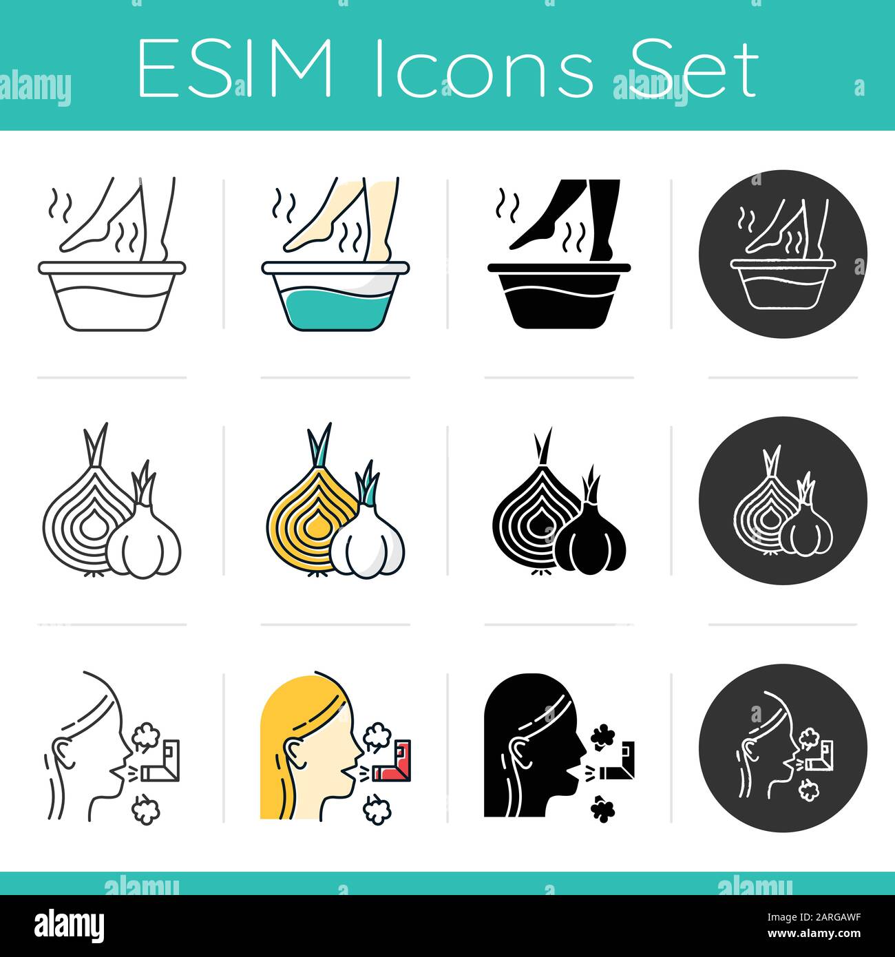 Common cold icons set. Hot foot bath. Onion and garlic. Inhalation