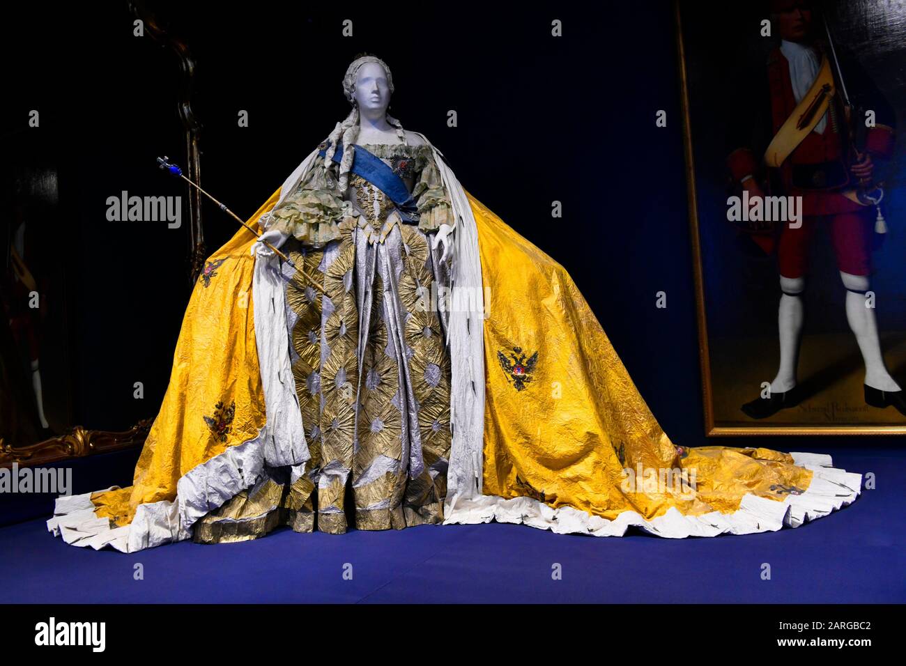 The Court Gown and Robe of Empress Catherine the Great displayed inside Catherine Palace, Pushkin,St Petersburg Russia. Stock Photo