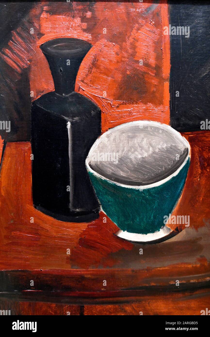 Green Bowl and black bottle,1908, by Pablo Picasso,State Hermitage museum,St. Petersburg,Russia. Stock Photo