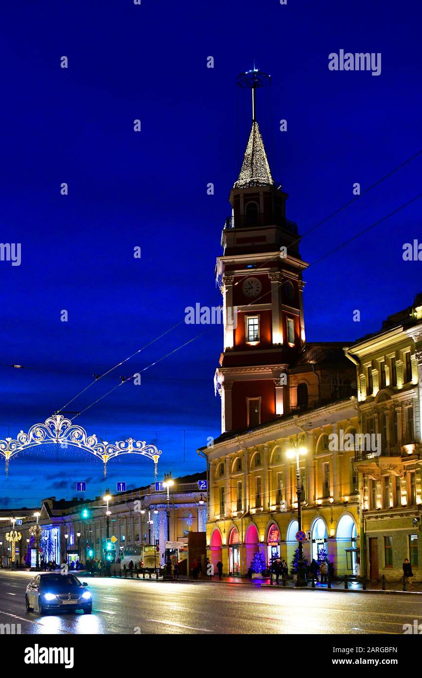 Christmas lights in Nevsky Prospect, Duma tower,St Petersburg Russia