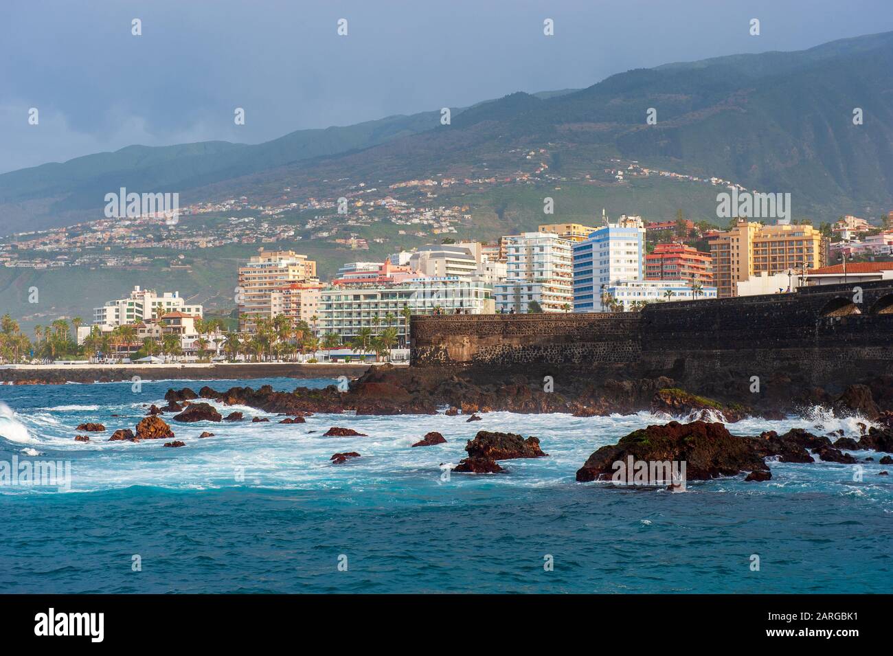 CANARY ISLAND TENERIFE, SPAIN - 25 DEC, 2019: Hotels in the city of Puerto de la Cruz on Canary island Tenerife. Stock Photo