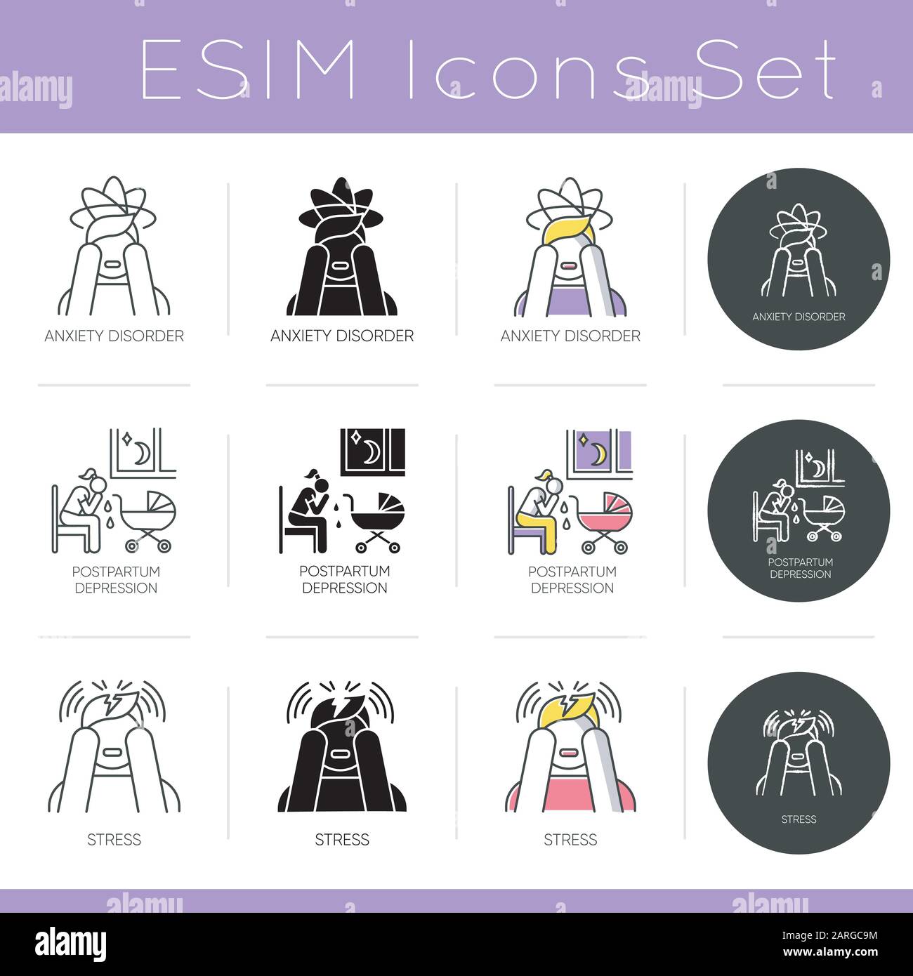 Mental disorder icons set. Anxiety and worry. Postpartum and postnatal ...