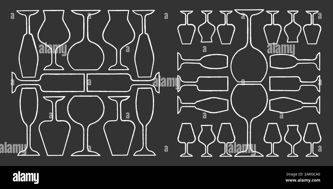 Alcohol drinks tableware chalk icons set. Wine glasses, decanters, bottles. Foil cutter, corkscrew. Glassware, cocktail, beverage service. Barman acce Stock Vector