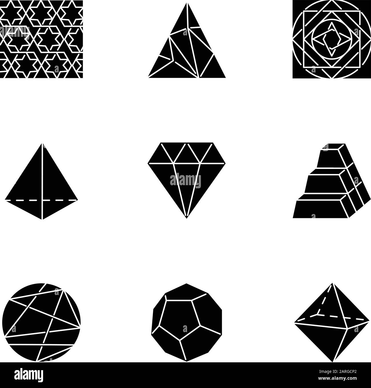 Geometric figures glyph icons set. Abstract shapes. Isometric forms. Geometric ornament. Polygonal triangle. Prism model. Double pyramid. Lined circle Stock Vector