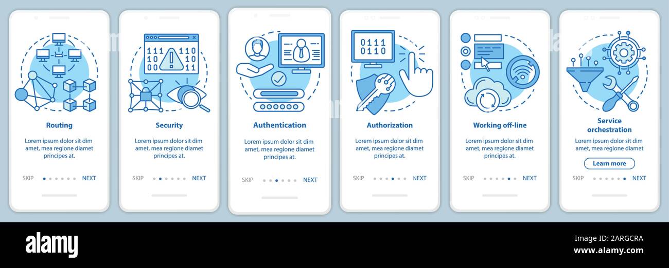 Mobile software development onboarding mobile app page screen vector template. App programming. Walkthrough website steps with linear illustrations. U Stock Vector
