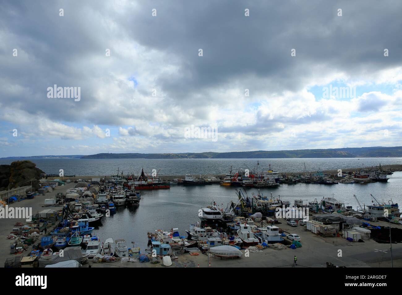 Istanbul, Turkey, November 5, 2018: Rumeli Feneri fishing port. It is located at the entrance to the Bosphorus from the Black Sea. Stock Photo