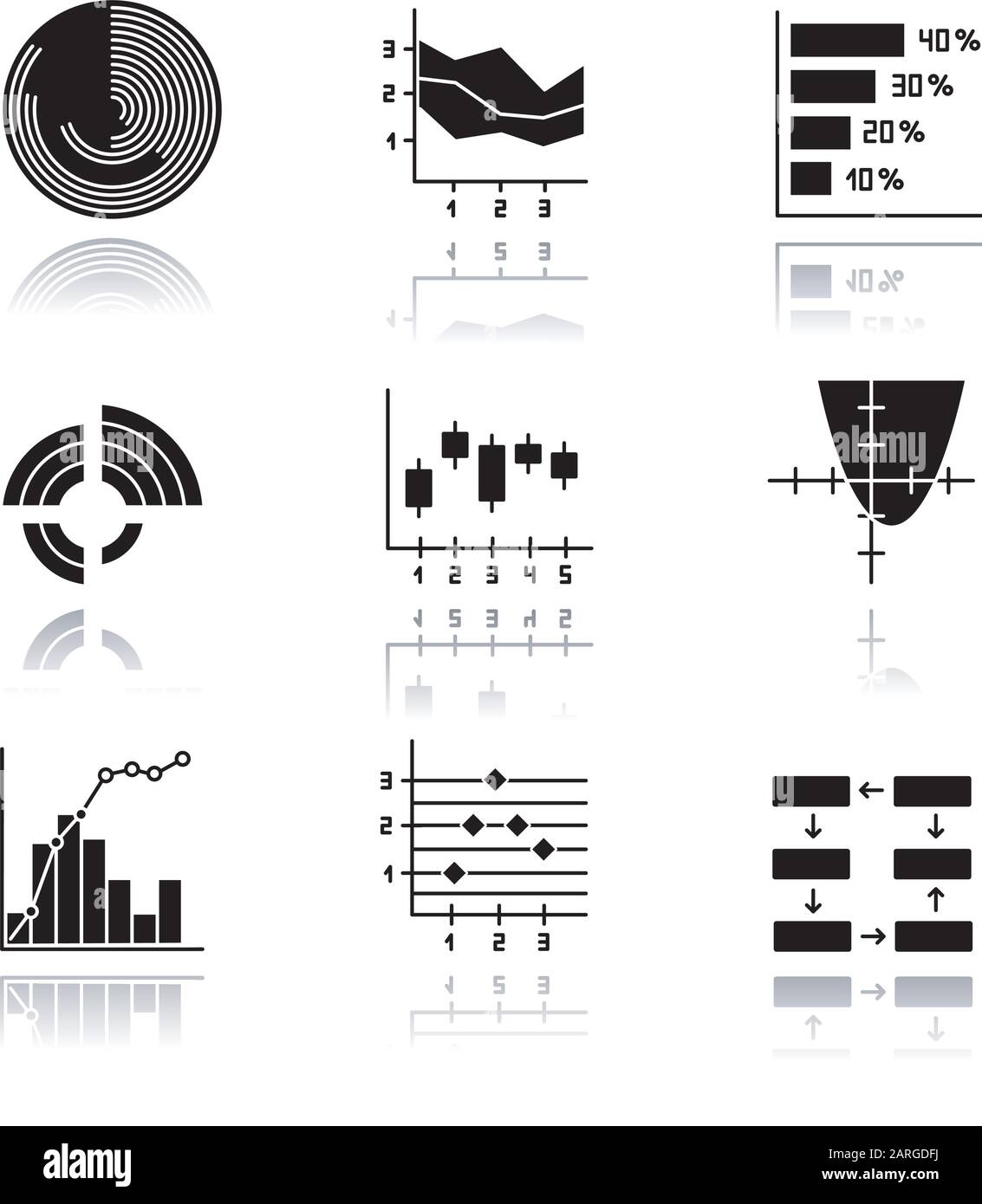 Chart and graph drop shadow black glyph icons set. Horizontal histogram ...