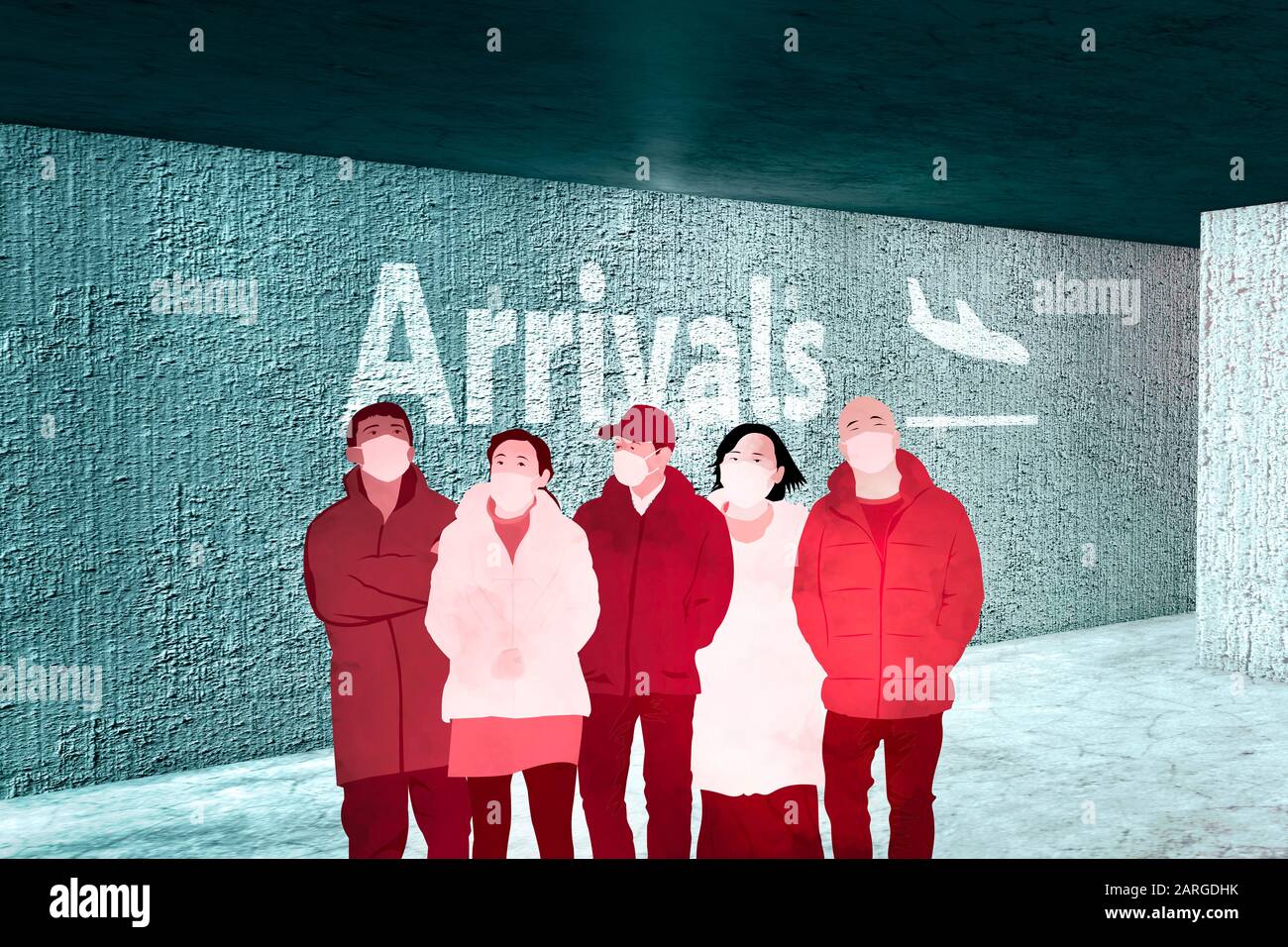 Airport arrivals from China, virus emergency, Coronavirus infection, danger and contagion. Airports. 3d render. Passengers in transit. Stock Photo