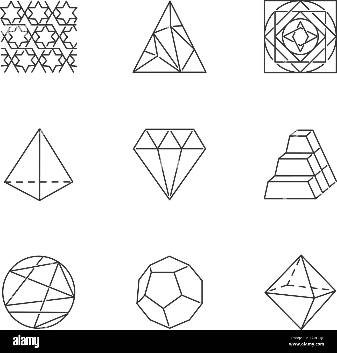 Geometric figures linear icons set. Abstract shapes. Isometric forms. Polygonal triangle. Prism model. Double pyramid. Thin line contour symbols. Isol Stock Vector