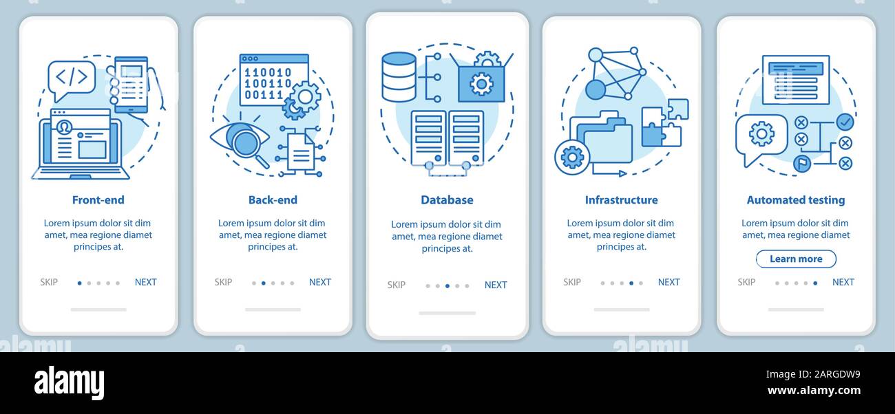 Software development onboarding mobile app page screen vector template. Application programming. Walkthrough website steps with linear illustrations. Stock Vector