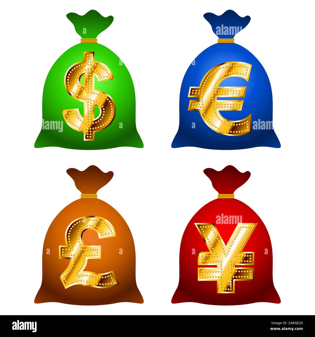 Financial currency bags USD, EUR, GBP, JPY with gold signs of currency labels; EPS8 Stock Vector