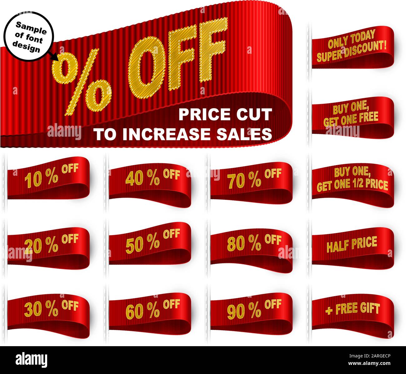 Clothes labels with percentage of price cuts and marketing phrases; Discount today only; Buy one, get one free gift; Half price; % off; Red vector set Stock Vector