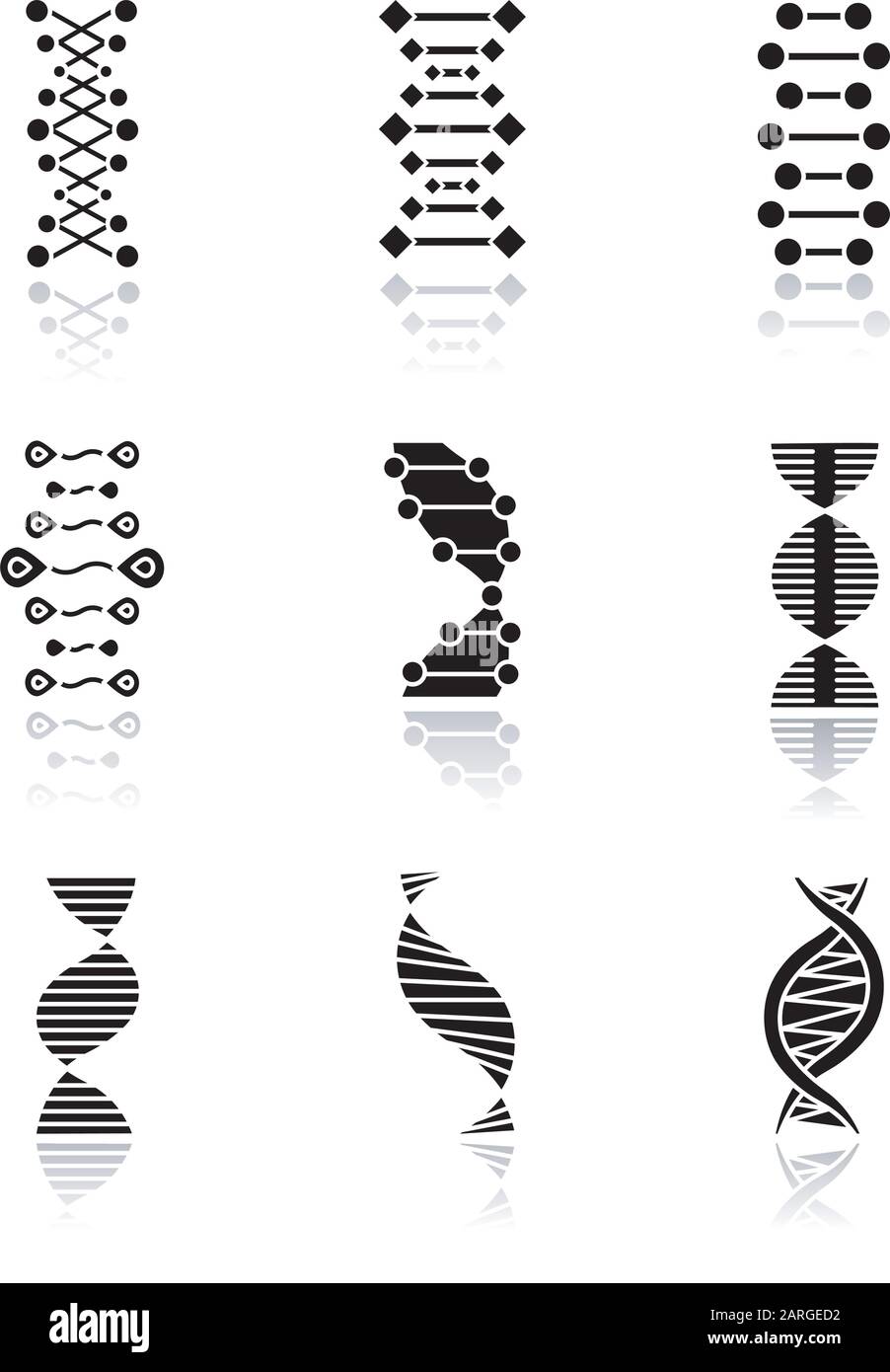 DNA double helix drop shadow black glyph icons set. Deoxyribonucleic, nucleic acid. Spiraling strands. Chromosome. Molecular biology. Genetic code. Ge Stock Vector
